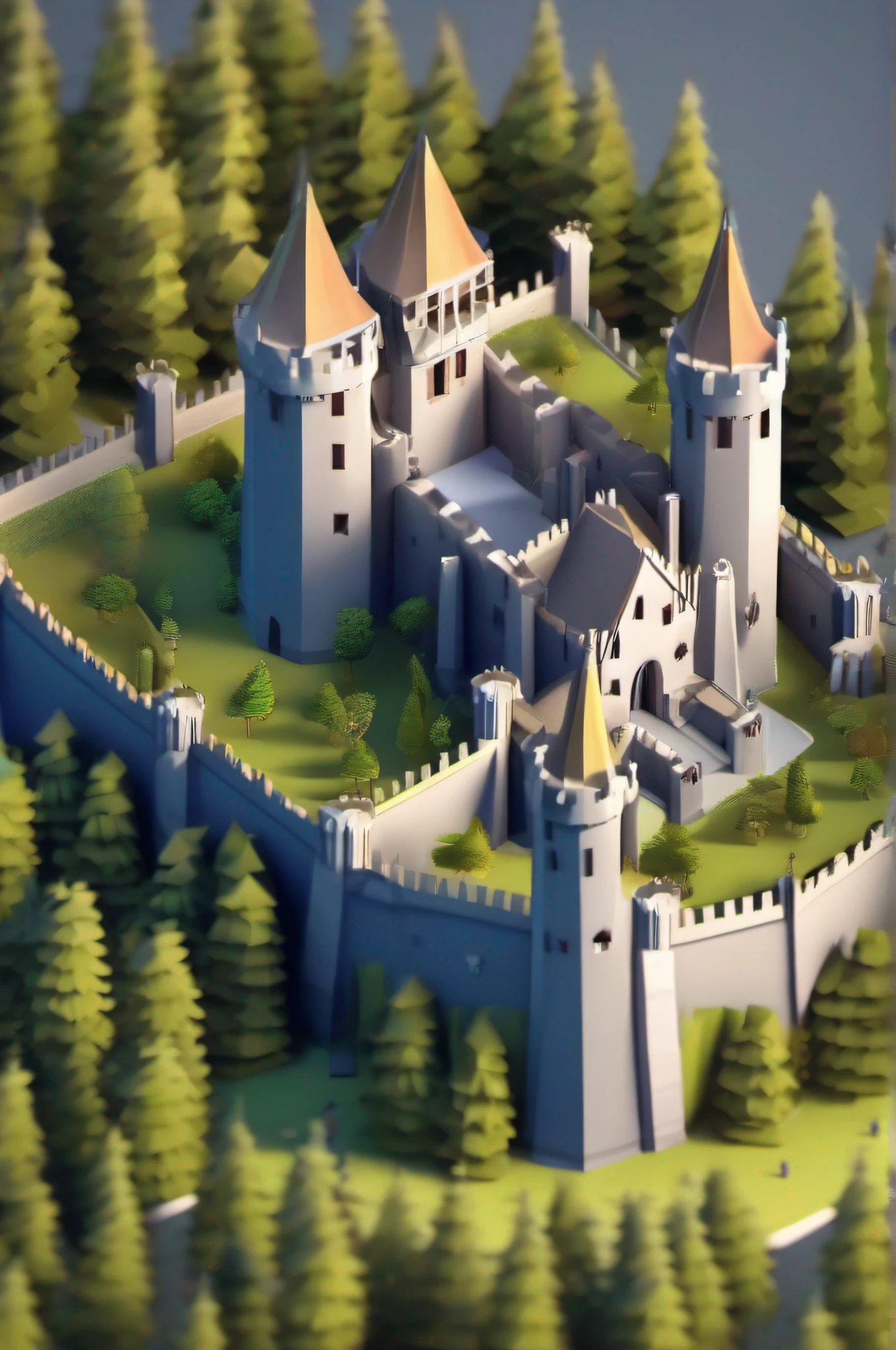 (medieval castle) Low poly, orthographic, isometric view, medieval castle, court, forest,