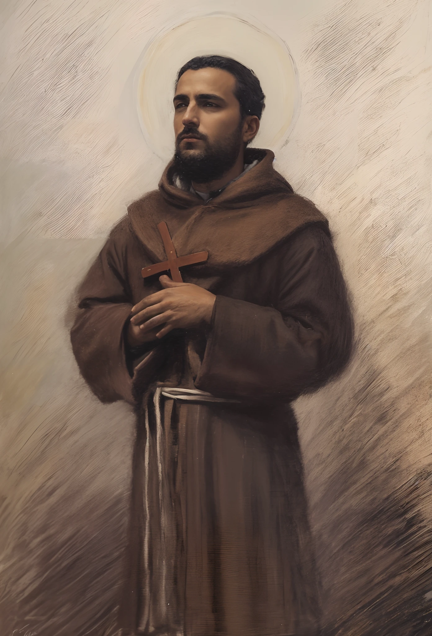 uma pintura de um homem com vestes de monge segurando uma cruz, inspirado em John F. Francisco, portrait of saint of the pit, Directed by: Gaetano Previati, inspirado em Julius Jakoby, por Duccio, Directed by: Rodolfo Koller, Santiago Rusinol, inspired by Alén Diviš, inspirado em Francisco Helps, 4k, alta qualidade, Passe Alto, alta igualdade, homem magro, homem de 60 anos, rosto magro, rosto seco, little hair on the head