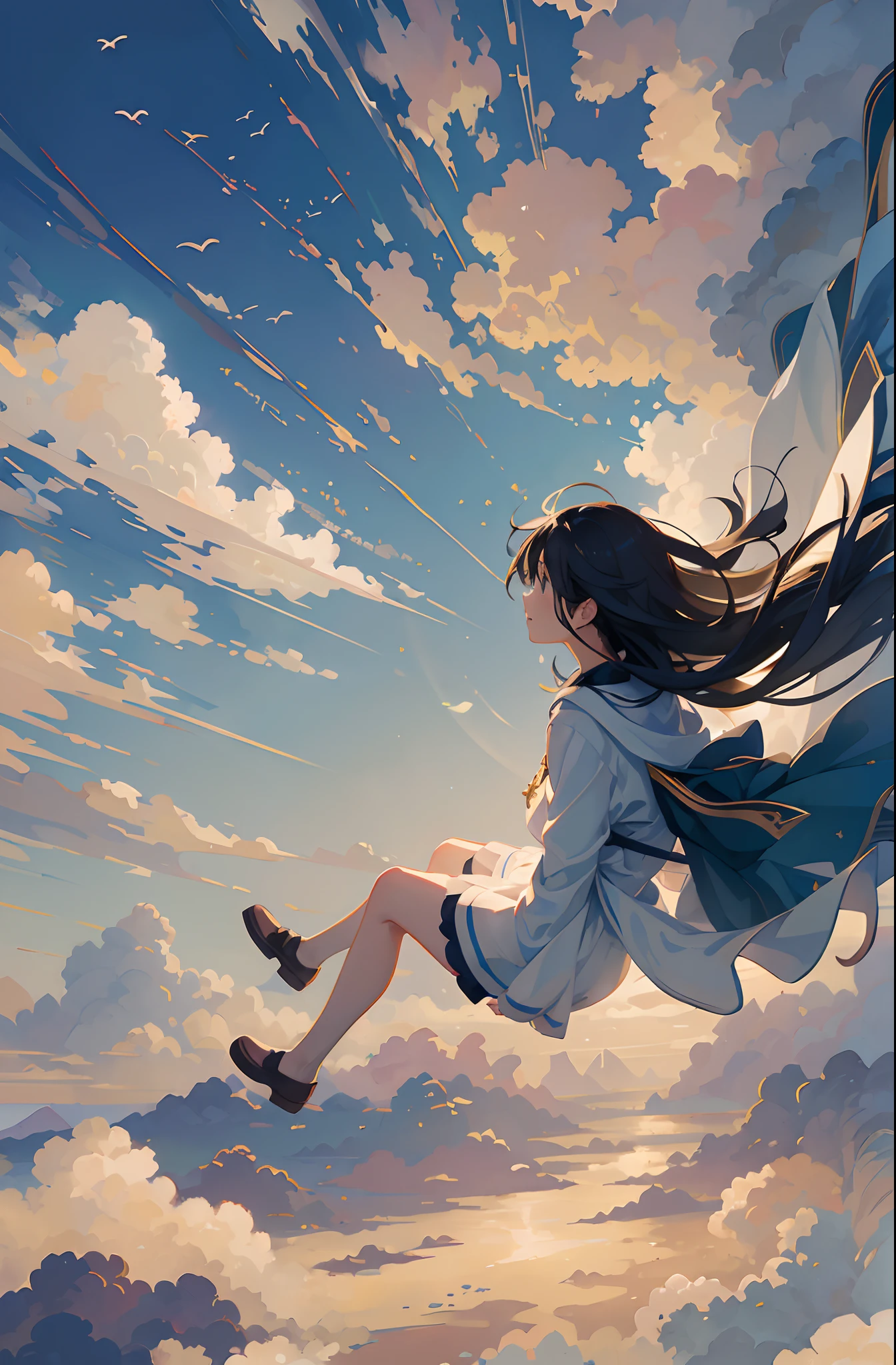 Create exquisite illustrations reminiscent of Makoto Shinkai's style, It has ultra-fine details and top-notch quality, Create illustrations featuring children frolicking freely in a calm sky of enchanting whims and nostalgic. The sky itself exudes an aura of enchantment and nostalgia, Dreamy casting, hazy atmospheres. It serves as their endless playground, Full of surprises and possibilities. When they soar through the air, Their laughter and joy are carried by the breeze, Creating an image of carefree exploration. The clouds above form a picturesque background, Add a dreamy nostalgic quality to your scenes. This moment is、zora々Capture the essence of vibrancy, The magic of flying, Eta、The timeless charm of the sky