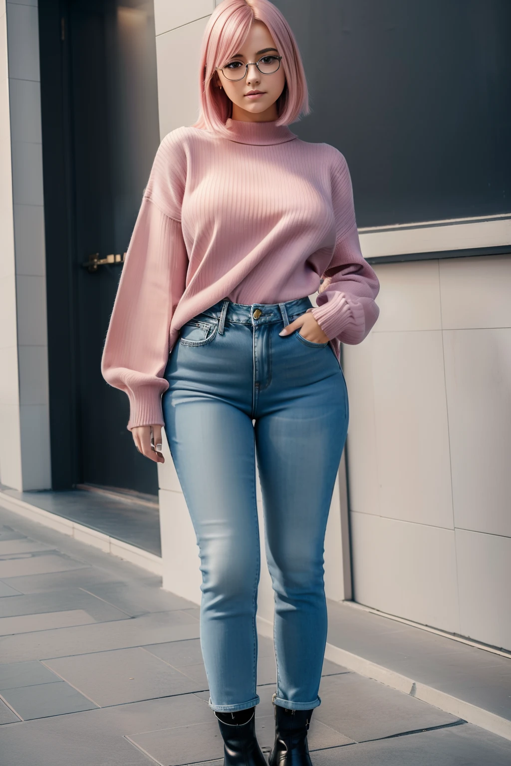 ((Masterpiece)), ((Best quality)), ((high resolution)), ((finedetail)), full body view average body type,1girl, young teenager, short height, medium straight pink hair, loose jumper, (((Small bust))), blue jeans, black ankle boots, glasses, (wide hips), ((thick thighs))