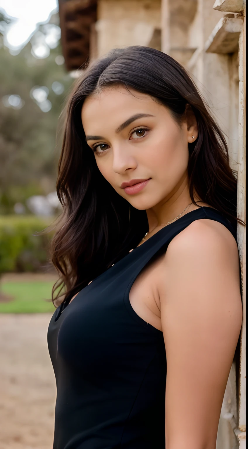 photorealistic, lip gloss, realistic, best quality, ultra high resolution, depth, pastel color, natural shading, focus on the face, just the face, looking at the viewer, long hair, black hair, brown and well-detailed eyes, black dress, gloves, anatomically correct