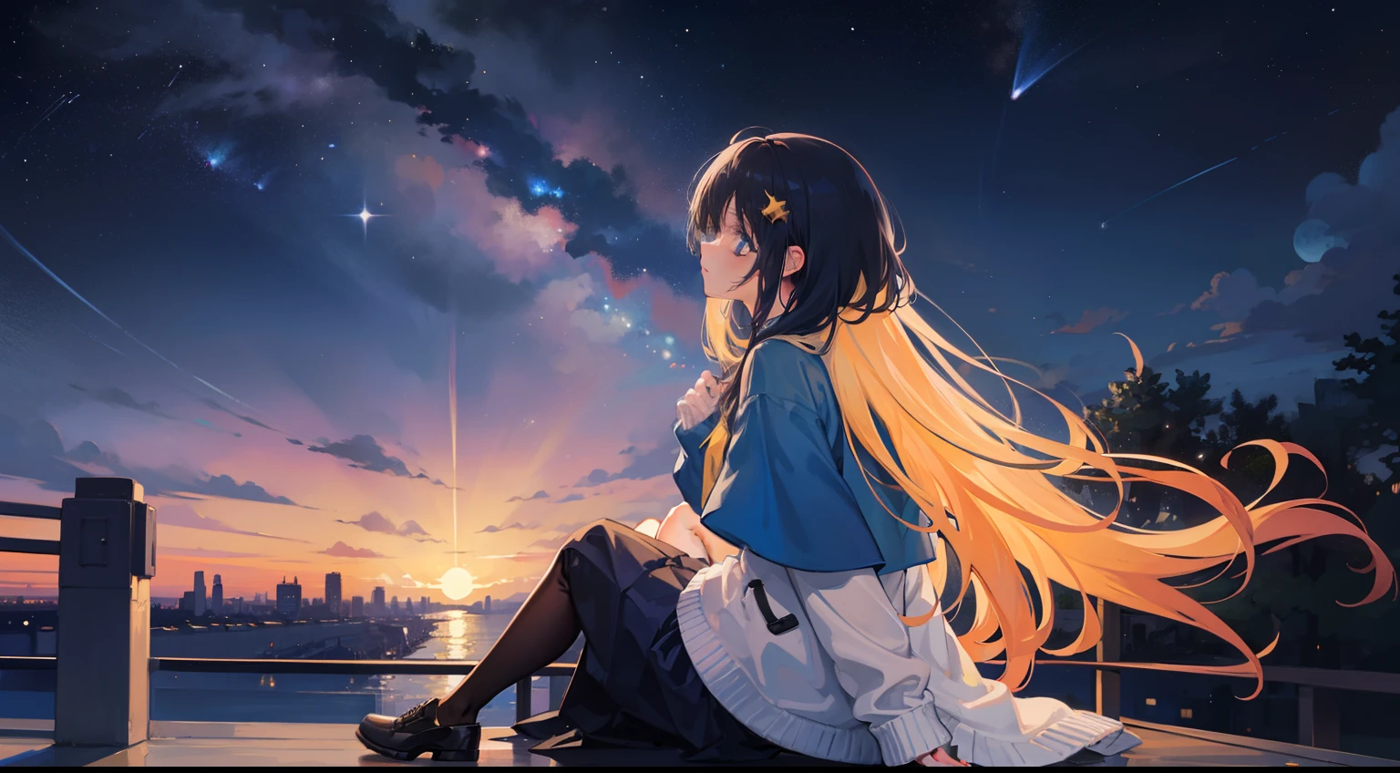 octans, sky, star (sky), scenery, starry sky, night, 1girl, night sky, solo, outdoors, building, cloud, milky way, sitting, tree, long hair, city, silhouette, cityscape