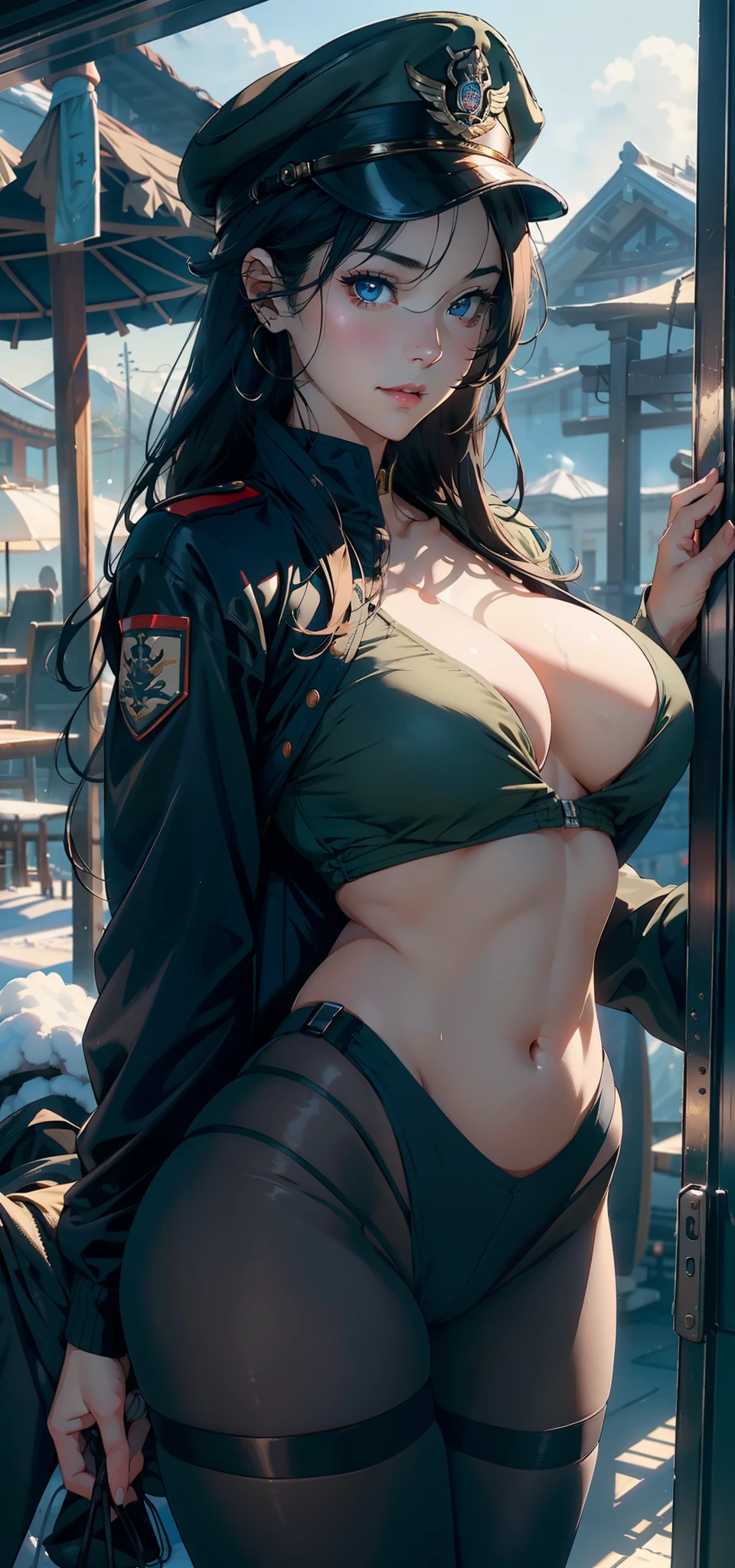 1female,35yo,plumw,extremely large bosom, 独奏,(Background with:aerodrome,Planes,snow mountains,at winter season,Snow on the ground,exteriors,) She has long black hair,Stand on the plane,,seen from the front, hair straight, mostly cloudy sky,(((tmasterpiece),(Very detailed CG unity 8K wallpaper),best qualtiy,cinmatic lighting,detailed back ground,beatiful detailed eyes,Bright pupils,Blue eyes,(Very fine and beautiful),(Beautiful and detailed eye description),ultra - detailed,tmasterpiece,)),facing at camera,A high resolution,ultra - detailed),revealing breasts,Bare genitalia, Bulge,legs are open,Raised sexy,Camel toes,Flushed complexion,Desire for dissatisfaction,frontage,Italian Air Force,Aviator,Spidey,Officer's cap(Wearing:Dark green baseball jacket,Black pantyhose,Gold wire embroidery)