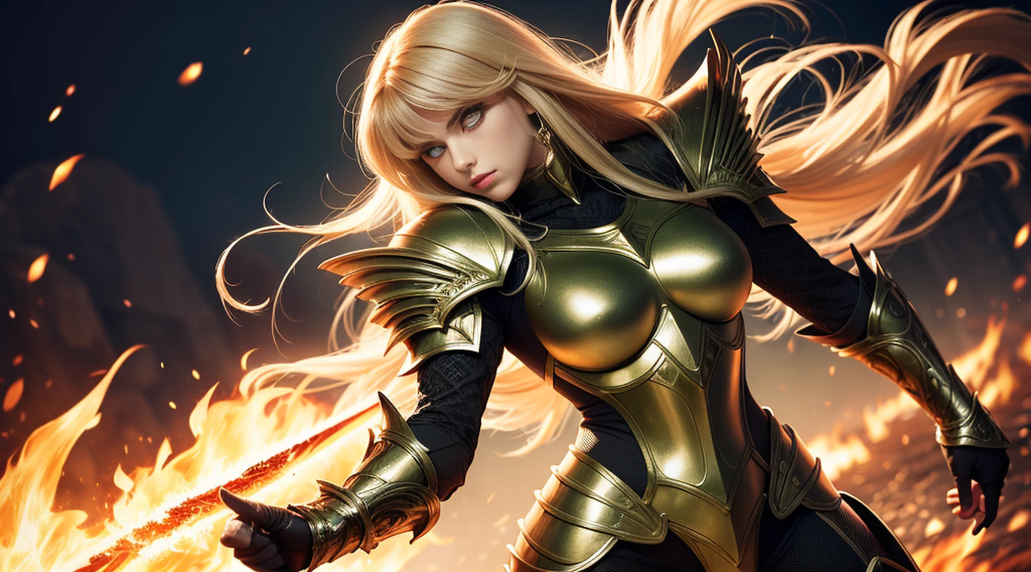 Gold armor, berserker potrait, female barbarian, fantasy art, From her look alone enemies starting to panic, one head,devilish smile, Hell beast, demon, white-fire Sky, warrior, with scythe and shield, beutiful, women, Werelion, long braided blond Hair, glowing gold eyes, realisitic, highly detailed, Unreal Engine, 8k-upscale