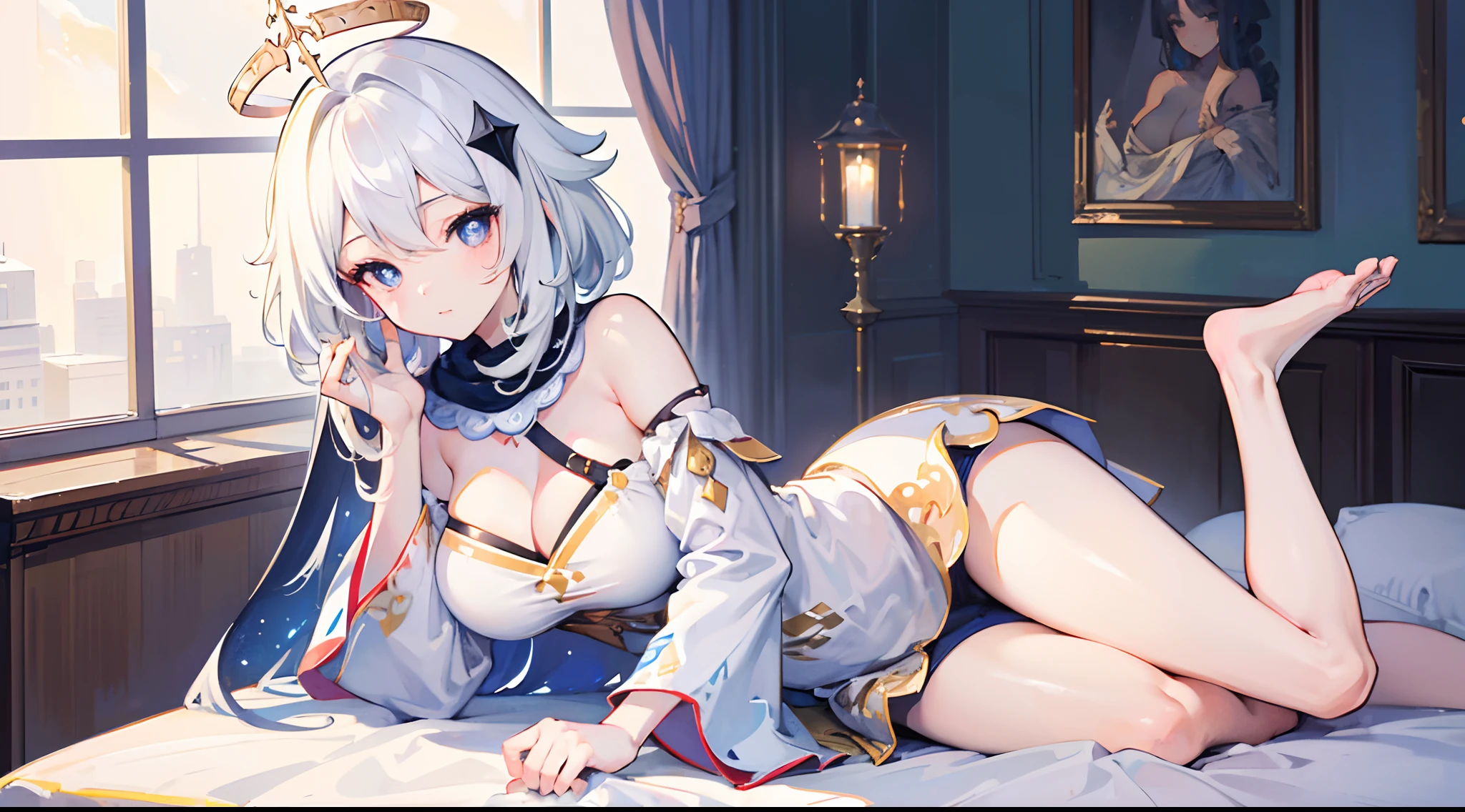 Anime girl lying on bed with long gray hair and white stockings, white-haired god, azur lane style, Perfect white haired girl, A scene from the《azur lane》videogame, trending on artstation pixiv, Guweiz in Pixiv ArtStation, seductive anime girls, Guweiz on ArtStation Pixiv, from girls frontline, white haired Cangcang，K