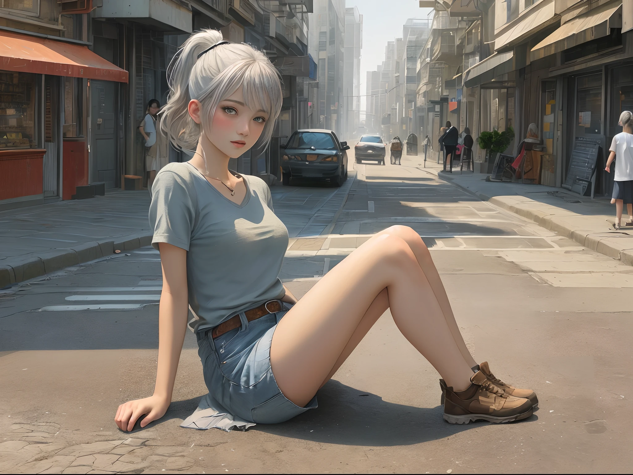 (Textured skin, short ponytail hair, Shyness and blushing, Best quality), ((Masterpiece)), (High definition:1.3), Beautiful,(Masterpiece), Super detail, Realistic, Beautiful photo, wide wide shot, Knees on the ground, Dirty street corner、1girll, Slim small breasts, Light silver hair、Cute beautiful girl、Body