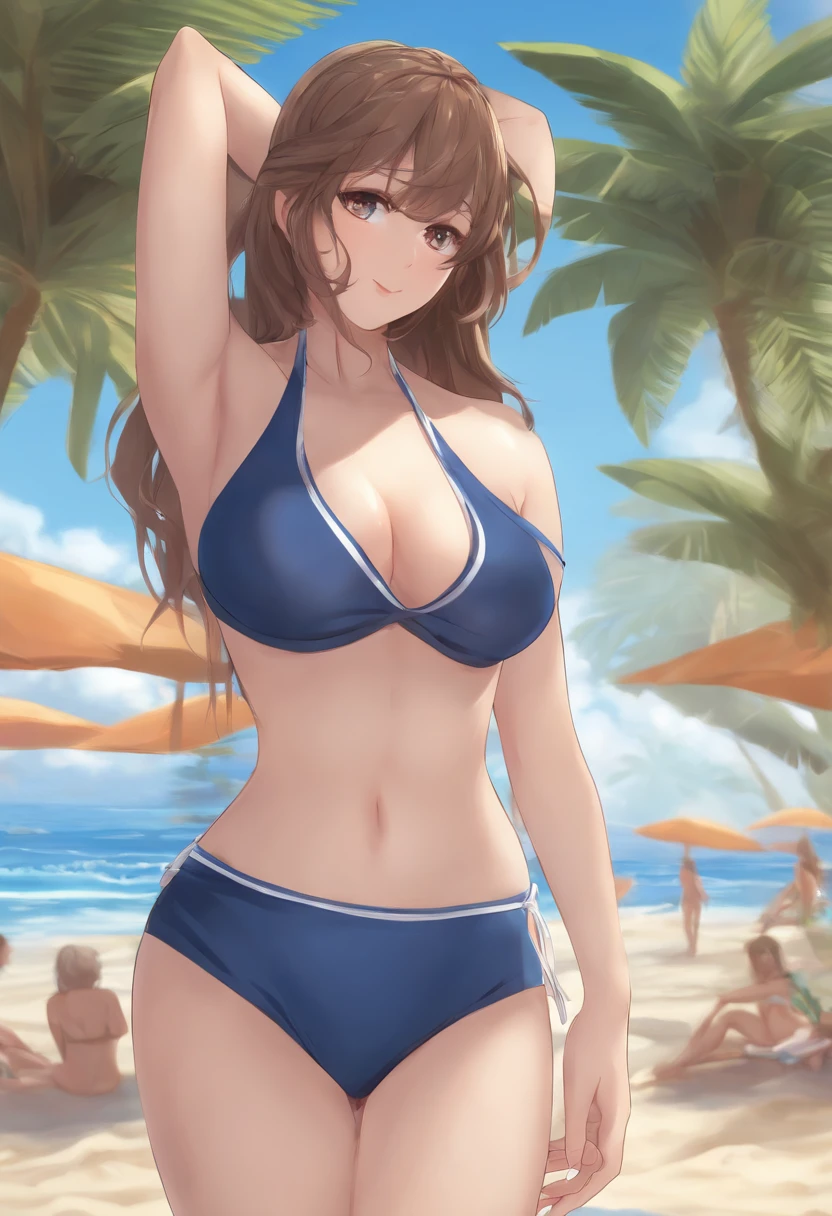 anime girl in a bikini posing on a beach with palm trees, swimsuit, attire: bikini, blue bikini, realistic bikini, seductive anime girl, in bikini, at a beach, anime moe artstyle, in a bikini, is wearing a swimsuit, trending on artstation pixiv, blue scales covering her chest, at the beach, in the beach, bathing suit