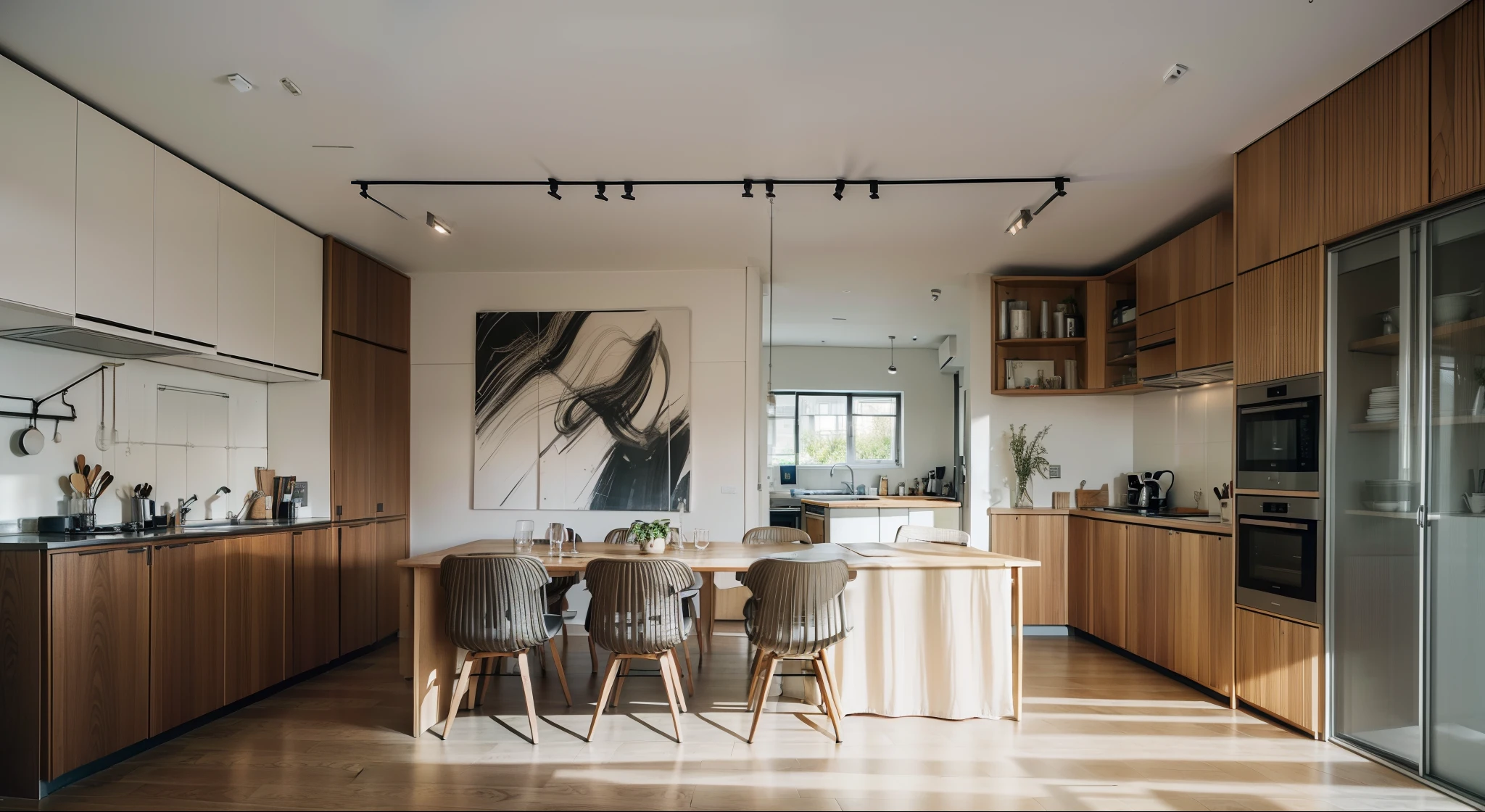 a sketch of a beautiful modern living room, (((foster and partners, artists impression, artistic impression, by Hamish MacDonald, by Carey Morris, by David Brewster, higher detailed illustration, by Helen Berman, an illustration, detailed illustration, by Nick Fudge, by Warren Mahy, artist's impression))), a kitchen cabinet behind the white sofa, with minimal pictures on the wall, linen curtain next to the classroom window, coffee table, modern wood, ceiling with magnetic emissive lighting, white fabric PRB textures, wooden floor PRB texture,
