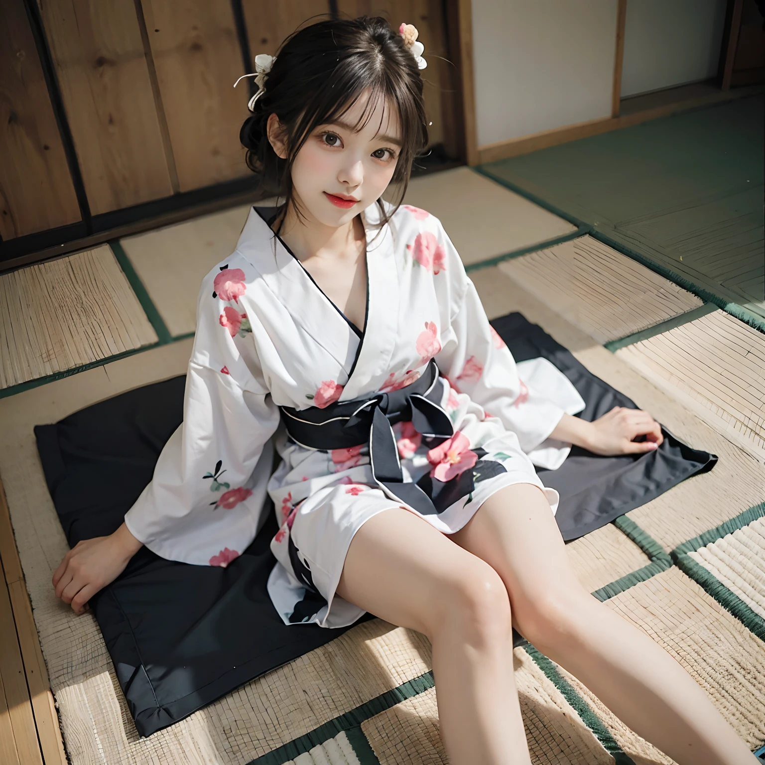 ((of the highest quality, 8K, masutepiece: 1.3, Raw photo)), Sharp Focus: 1.2, (1 AESPA Girl :1.1), Solo, (Realistic, Photorealistic: 1.37), (Face Focus: 1.1), Cute face, hyperdetailed face, Short messy hair, Small Smile, nude, Small breasts, flat chest, (chiffon yukata: 1.1), sitting, spread legs, Thigh, (Night japan style hotel, bed room: 1.2), flower