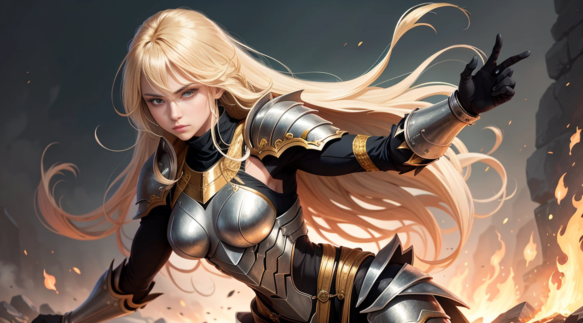 (1girl), wearing a heavy knight armor, dark armor, intricate black and gold armor details, intricate beautiful green fields, legendary, futuristic, saint seiya, long blonde hair, muscular, power pose, highly detailed background, fire in the eyes, aura power, highly detailed