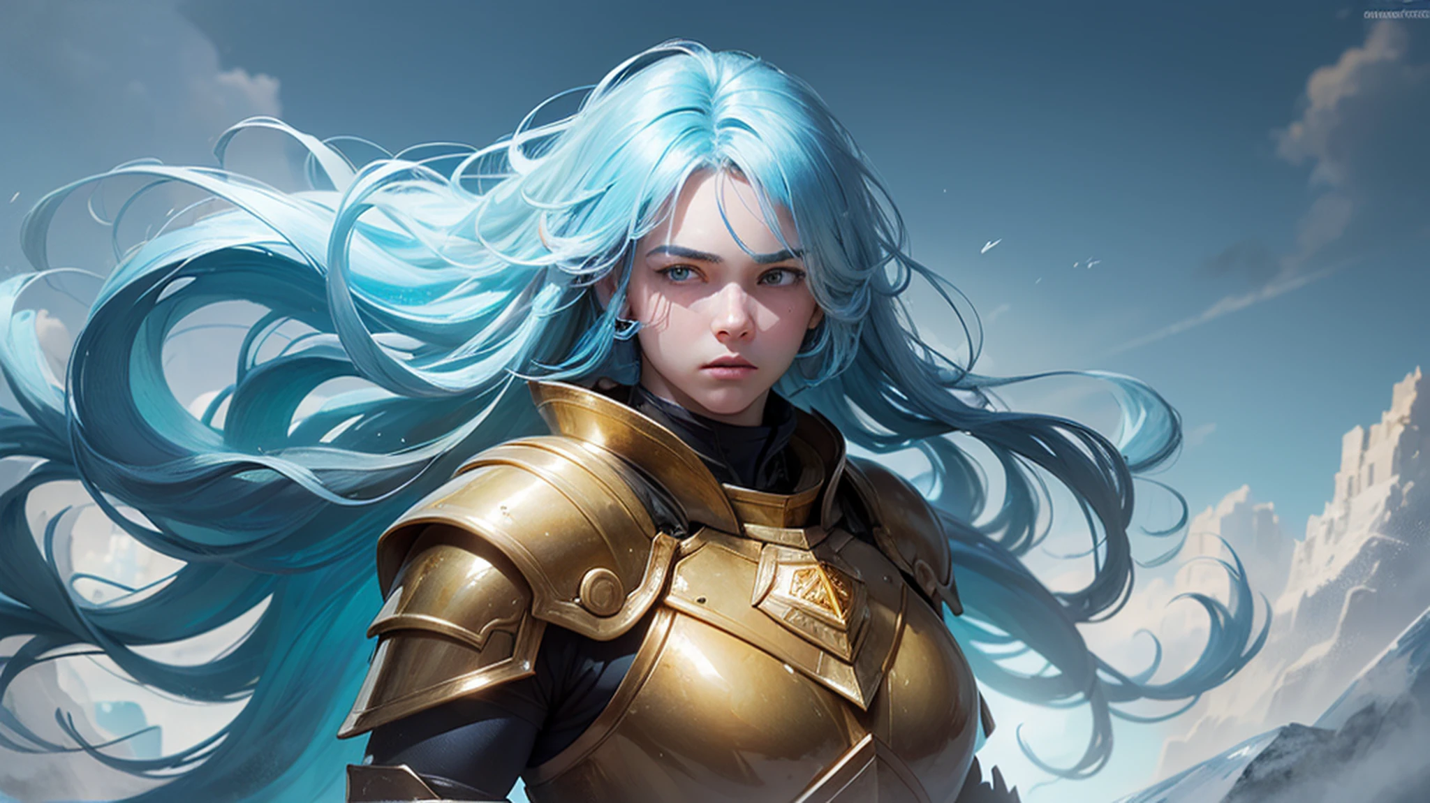 (1girl), wearing a heavy knight armor, dark armor, intricate black and gold armor details, intricate beautiful green fields, legendary, futuristic, saint seiya, long blonde hair, muscular, power pose, highly detailed background, fire in the eyes, aura power, highly detailed