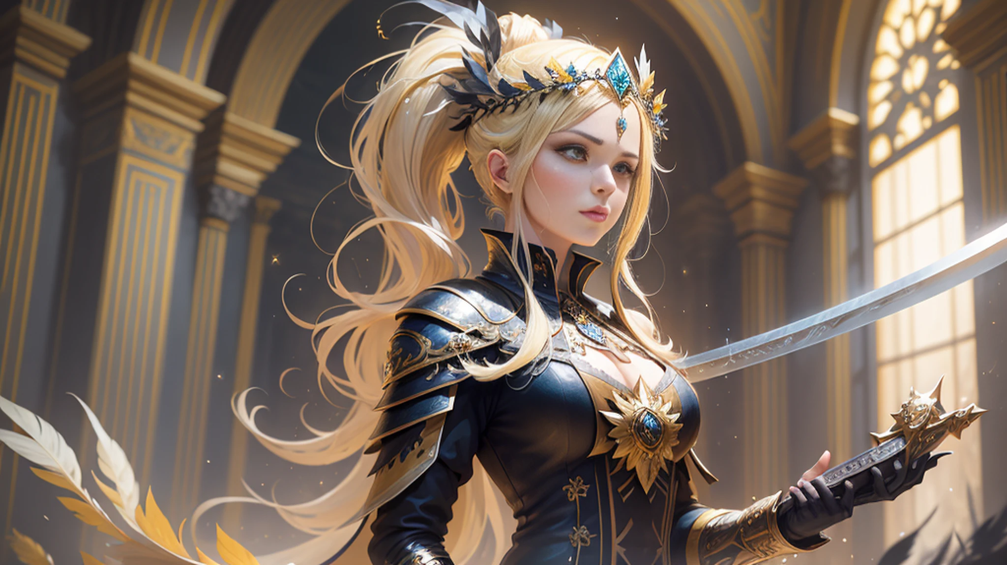 (1girl), wearing a heavy knight armor, dark armor, intricate black and gold armor details, intricate beautiful green fields, legendary, futuristic, saint seiya, long blonde hair, muscular, power pose, highly detailed background, fire in the eyes, aura power, highly detailed