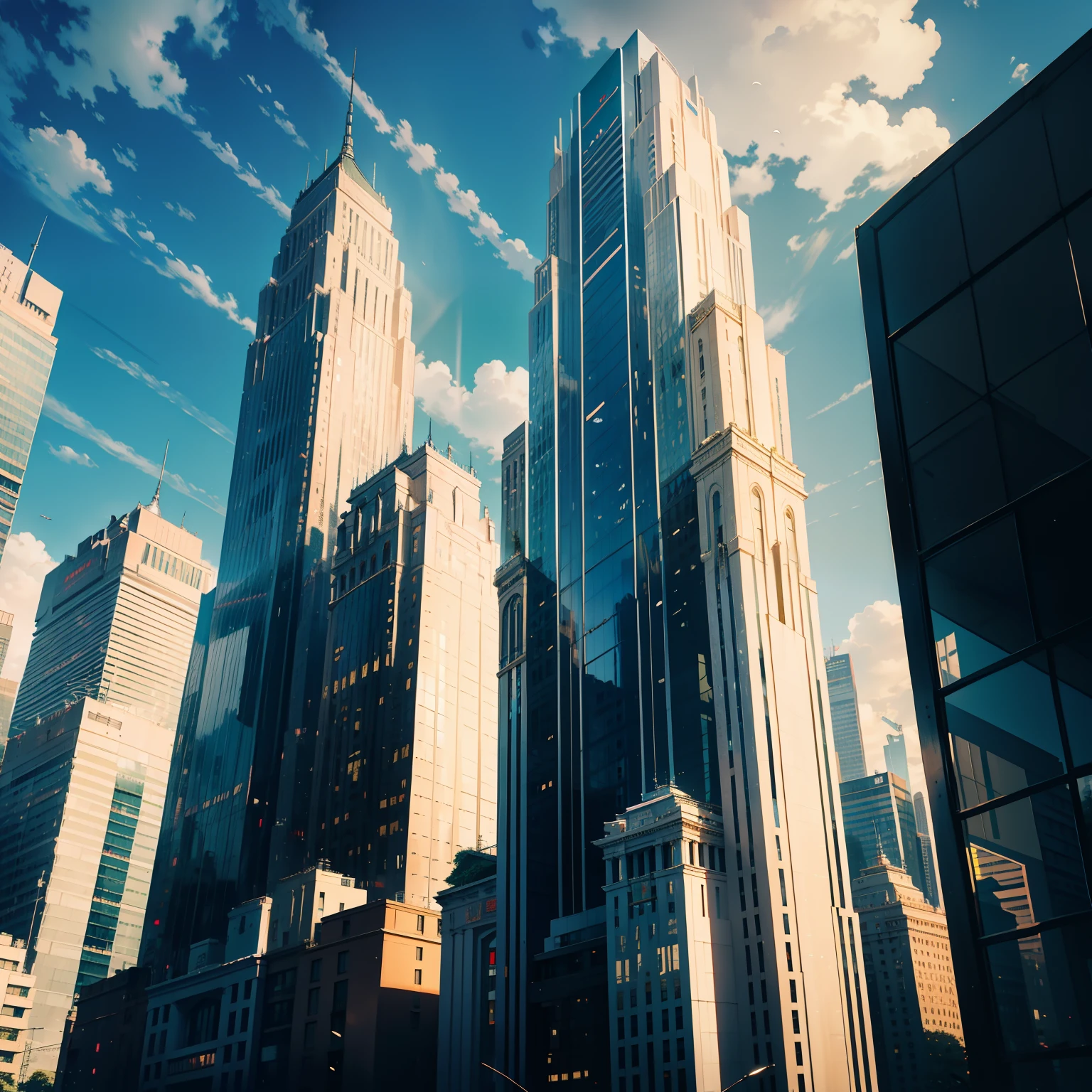 Top angle of view，tmasterpiece，of the highest quality，Cinematic quality，Ray traching，and the sun was shining brightly，城市，城市，polis，The city of the future，Golden-white tones，marbled，Tall buildings tower，Buildings，Full of life，Technologie，Golden stone tiles，glass，Blue glass，White stone brick building