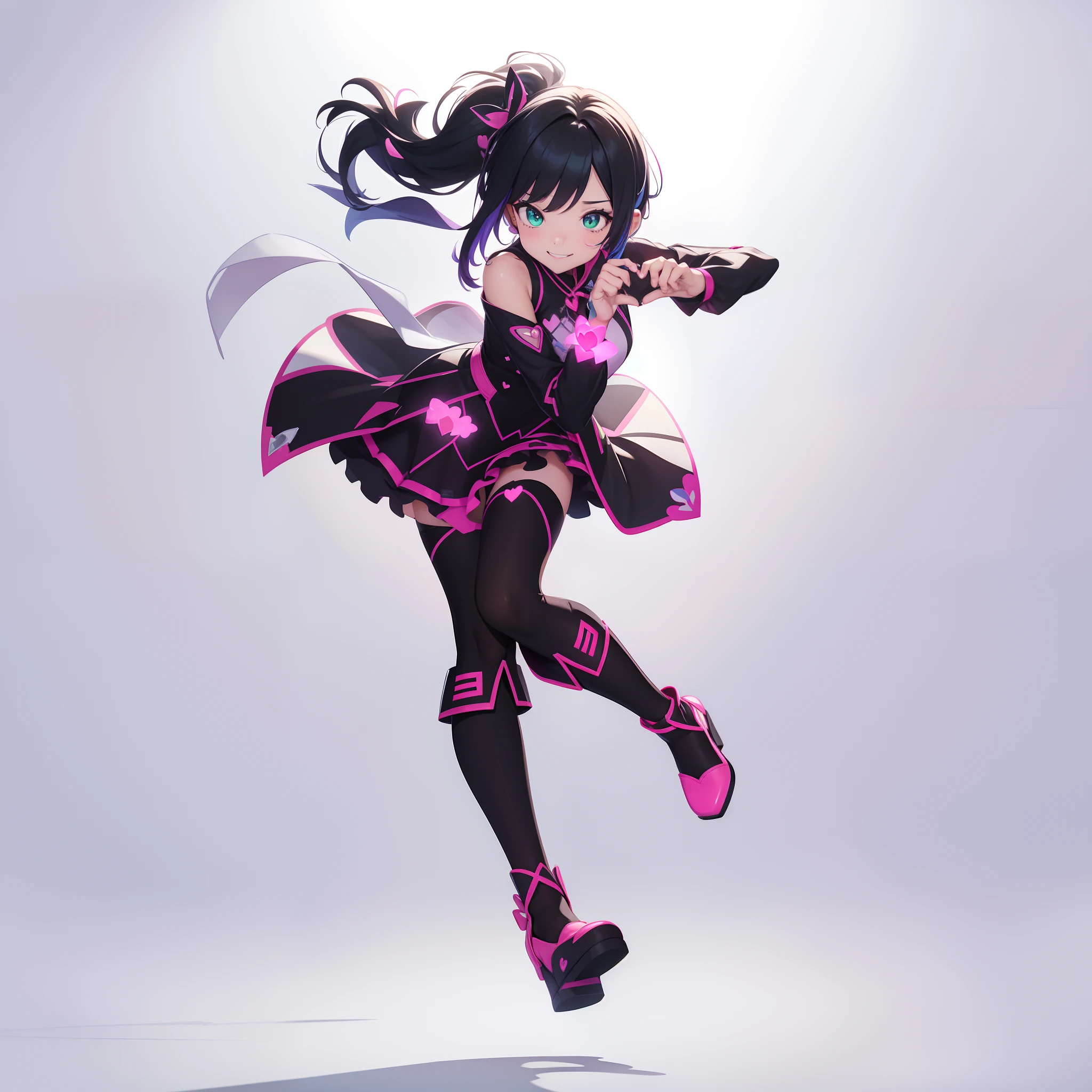 (((Woman making hearts with her hands)))、Full body depiction、(No background)、Standing alone、((Young Super Idol))、colourful hair、(Veteran Hero)、The ultra -The high-definition、Idol Costumes、inner colored、Eyes are green、・Pants style、(Naughty smile)、Black tights