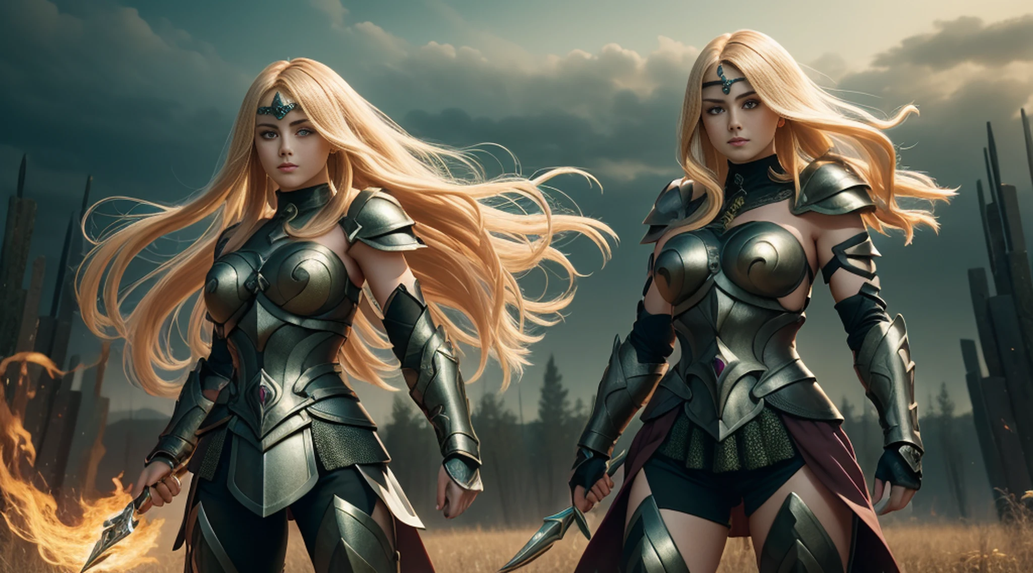 (1girl), wearing a heavy knight armor, dark armor, intricate black and gold armor details, intricate beautiful green fields, legendary, futuristic, saint seiya, long blonde hair, muscular, power pose, highly detailed background, fire in the eyes, aura power, highly detailed