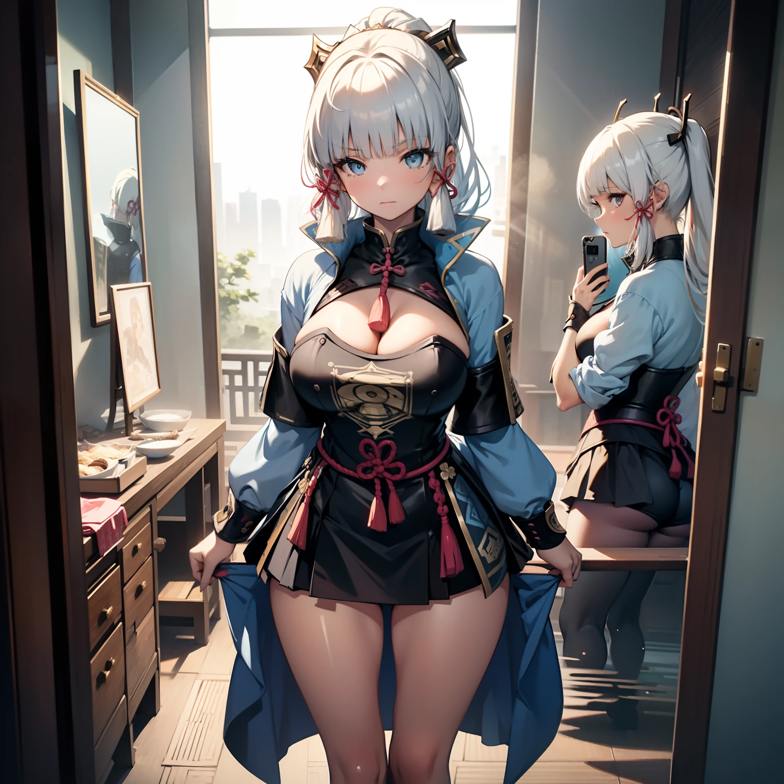 Prompt: (Masterpiece), Best quality, Expressive eyes, Perfect face, 1 girl, Asian, ((standing ))Big ass, Bigboobs, Big thighs, Open legs, Mirror selfie, cleavage, Transparent white underwear, Realist, White Girl, Transparent panties ((standing))
(( 1 Asian girl)), (( Close up)), (( Upper body))