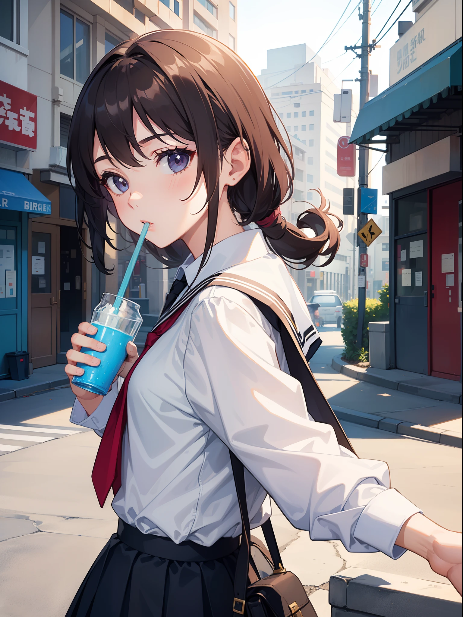 1 girl , (drinking shake) ,looking back,upper body ,school uniform, (background street) , ((masterpiece)), ((best quality)), ((ultra-detailed)), (illustration), ((an extremely delicate and beautiful))