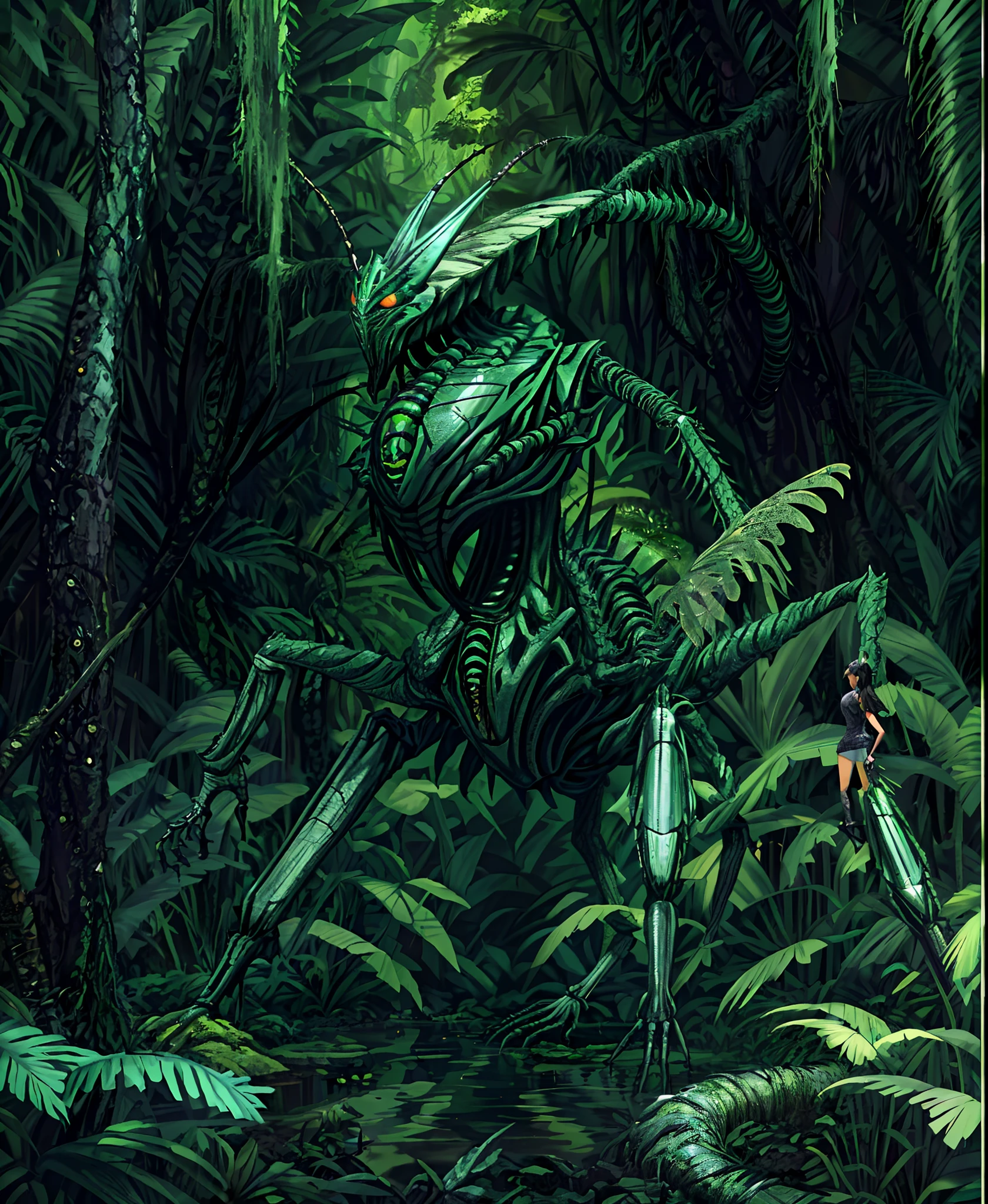 Picture a dense, alien rainforest teeming with life, where massive insect-like beings, their bodies a foreboding black and adorned with jagged, venomous spikes, roam upright through the undergrowth, their sparkling green bionic weaponry contrasting with the vibrant, lush surroundings, 3D sculpture, created with dark, reflective materials
