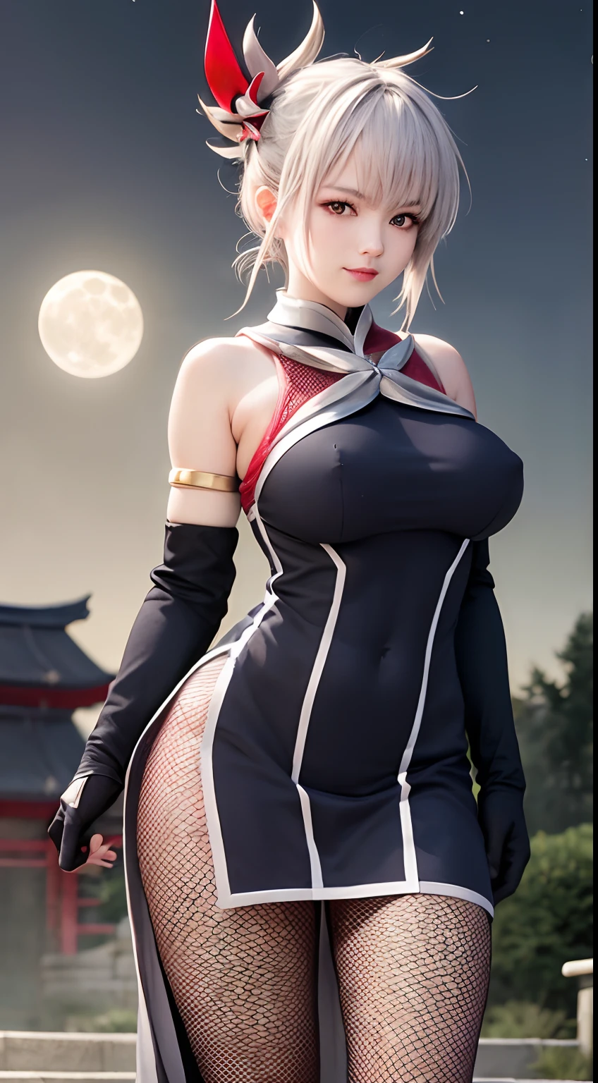 masterpiece, best quality, absurdres, perfect anatomy, 1girl, solo, Matsuri Kazamaki, hair ornament, pinwheel, ninja, armlet, fishnet bodysuit, black gloves, elbow gloves, bare shoulders, standing, smile, moon, moonlight, night, night sky, outdoors,  arms behind back,huge breast