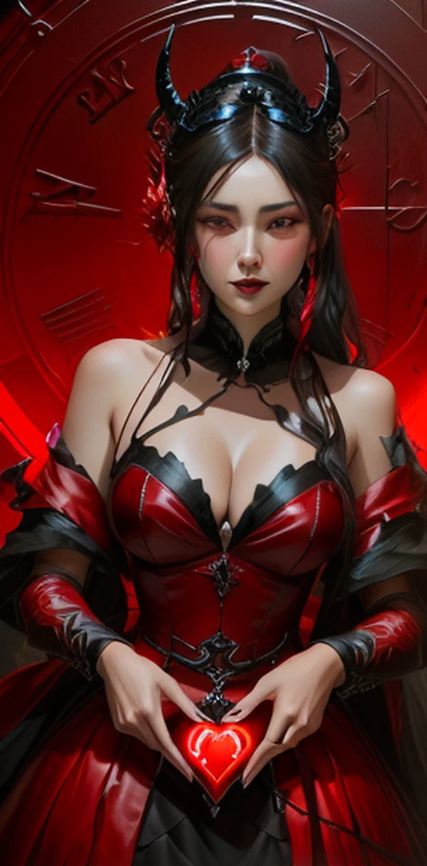 Gothic woman in red dress holding a heart-shaped light, por Yang J, Ruan Jia e Artgerm, Artgerm e Ruan Jia, WLOP e Artgerm, Modelo IG | Artgerm, WLOP | Artgerm, Por Ruan Jia e Stanley Artgerm, Artgerm extremamente detalhado, Beautiful elegant demon queen