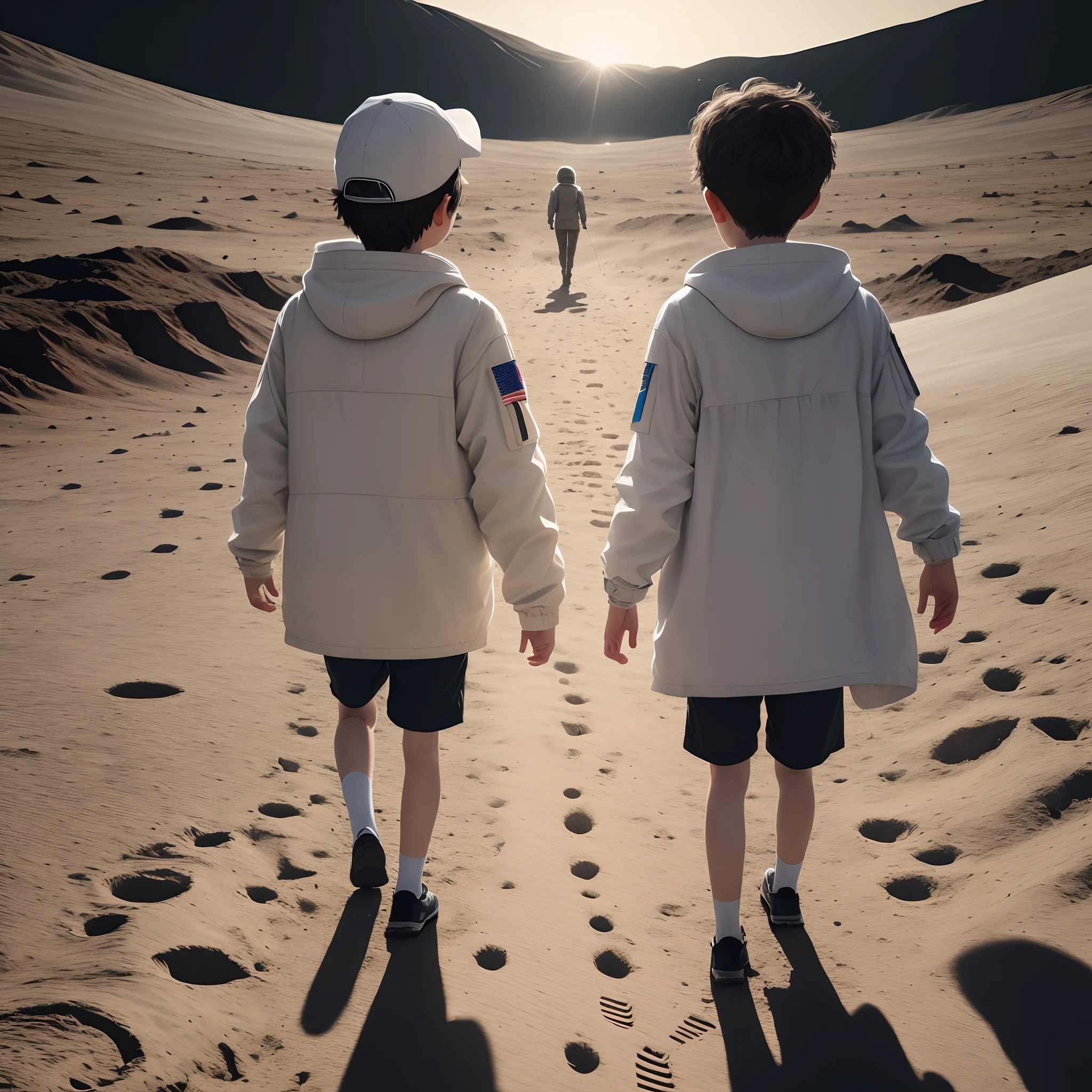 A boy and a girl walk on the moon