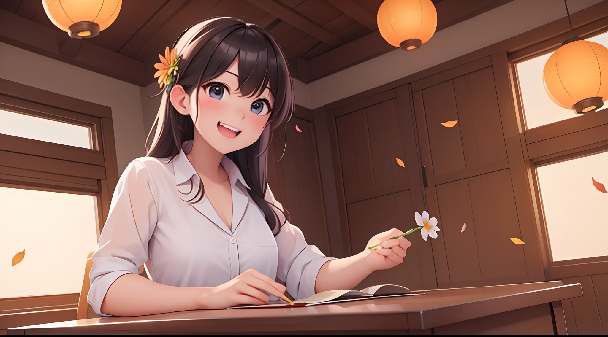 photoRealstic、Sit at your desk and enjoy studying with friends、Opens mouth and laughs、up of face、flower petals、season!!: 夏天☀ 🍂