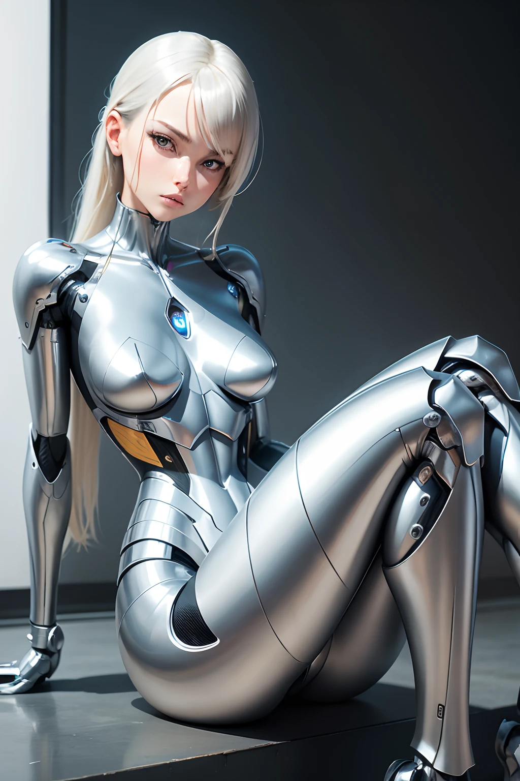 the female robot is sitting withhis knees bent and looking atthe camera, in the style ofhajime sorayama, john trumbullthin steel forms, undefinedanatomy, chrome-plated,edemshwiller, graceful poses --ar3:4 --style raw