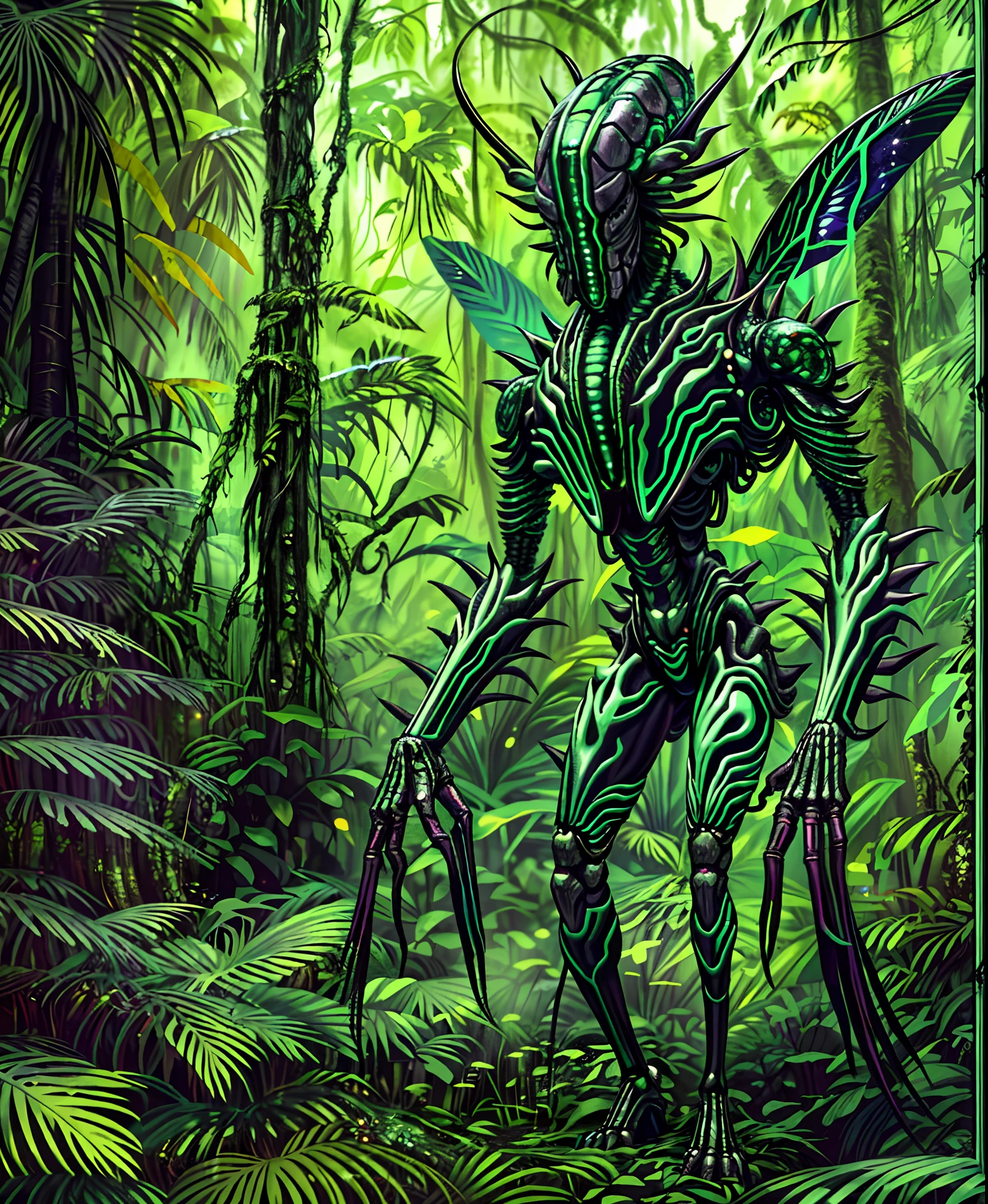 Picture a dense, alien rainforest teeming with life, where massive insect-like beings, their bodies a foreboding black and adorned with jagged, venomous spikes, roam upright through the undergrowth, their sparkling green bionic weaponry contrasting with the vibrant, lush surroundings, 3D sculpture, created with dark, reflective materials