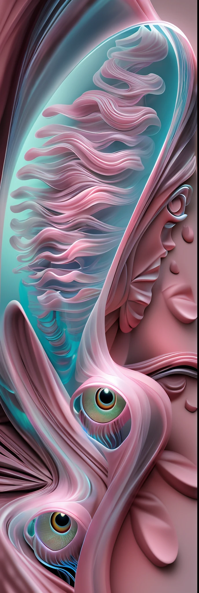 Imagine a 3D representation of an Amoeba alien's body, reminiscent of a humanoid jellyfish, composed of a pliant, rosy-hued protoplasm. The form should be gracefully aquatic, with delicate, flowing tendrils and a gentle inner radiance, creating a sense of serenity and wonder, 3D artwork, employing a combination of translucent materials and digital sculpting techniques