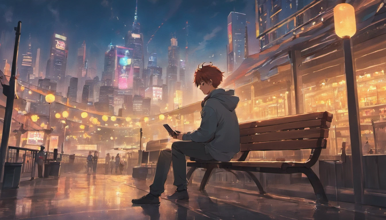 boy sitting on a bench at park, looking at his phone with one, sideways view, atmospheric, cyberpunk city with tall skyscrapers in the distance,