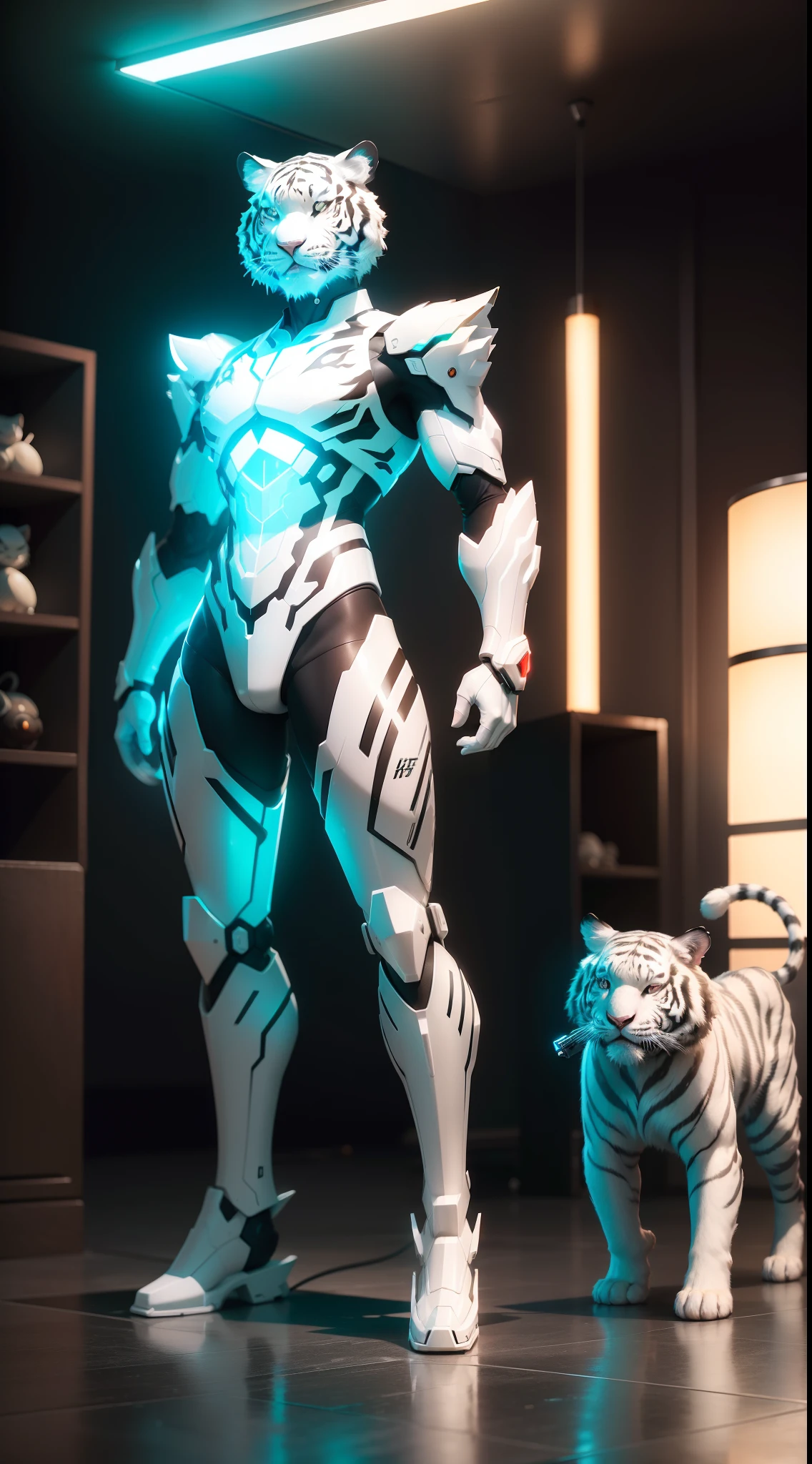 (Chinese White Tiger:1.3), (blind box toy style:1.2), (Full body shot:1.3) , Transparent Mecha, Exquisite helmet:1.2, Luminescent goggles:1.2, Cyberpunk, Dreamy glow, bright neon lights, clean, White background, ( Global Illumination, Ray traching, nffsw, Unreal Render,Reasonable design, high detal, masutepiece, Best Quality, hyper HD, Cinematic lighting)