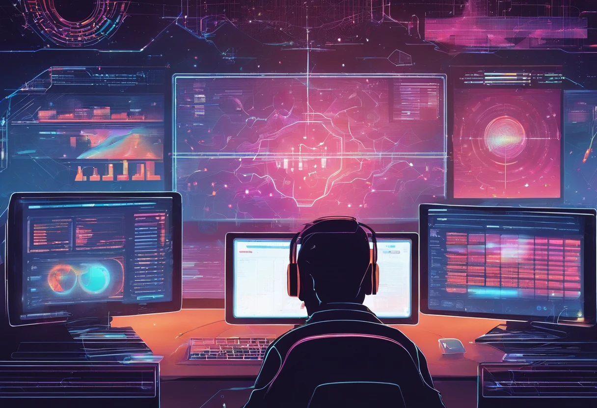 Data science and big data technology. Scientist computing, analysing and visualizing complex data set on computer. Data mining, artificial intelligence,"