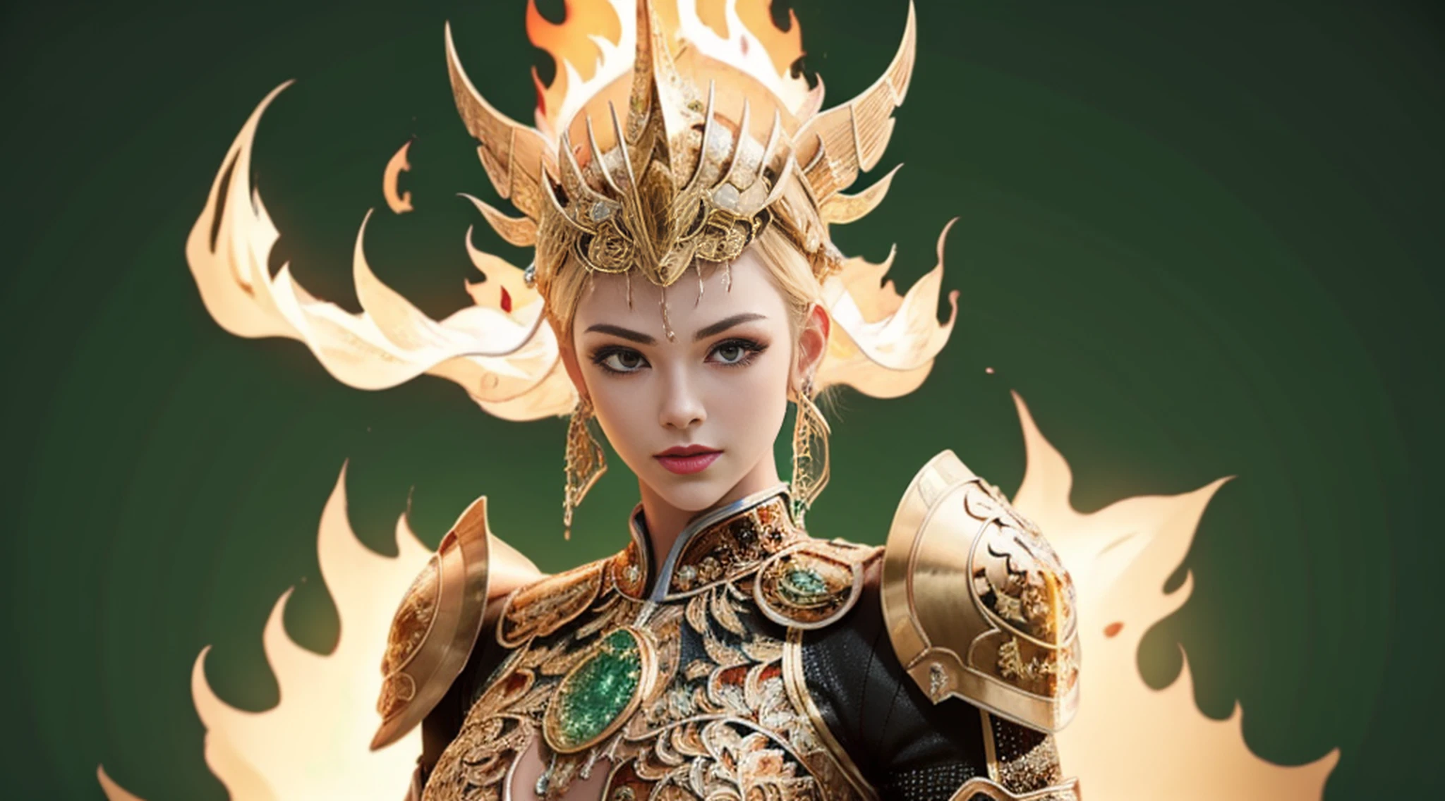 (1girl), wearing a heavy knight armor, dark armor, intricate black and gold armor details, intricate beautiful green fields, legendary, futuristic, saint seiya, long blonde hair, muscular, power pose, highly detailed background, fire in the eyes, aura power, highly detailed