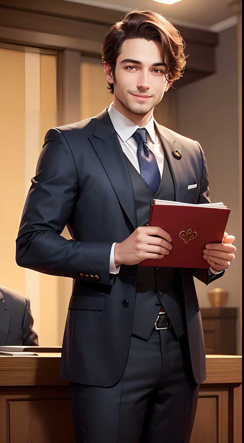 The merchant in a suit sells his book to guests,Emoji smile,The background is the podium