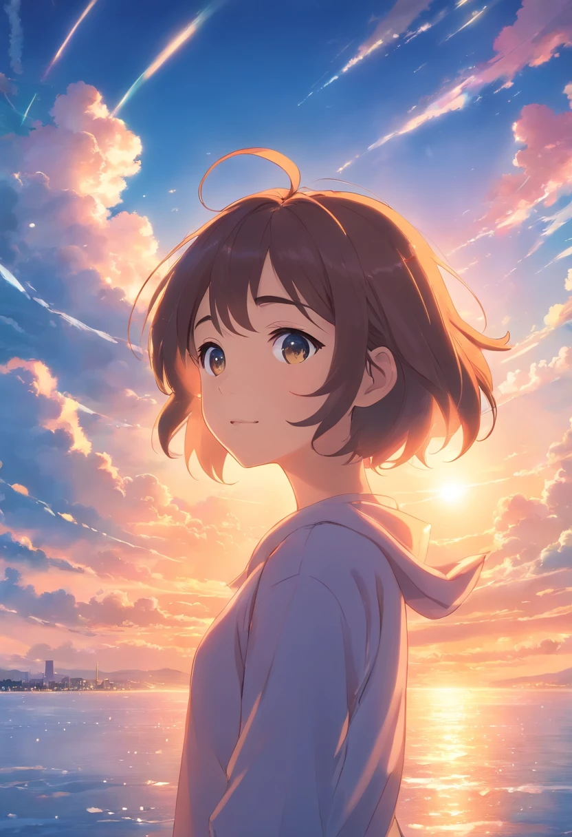 masterpiece, best quality, movie still, 1girl, cloud girl, floating in the sky, close-up, bright, happy, warm soft lighting, sunset, (sparks:0.7)