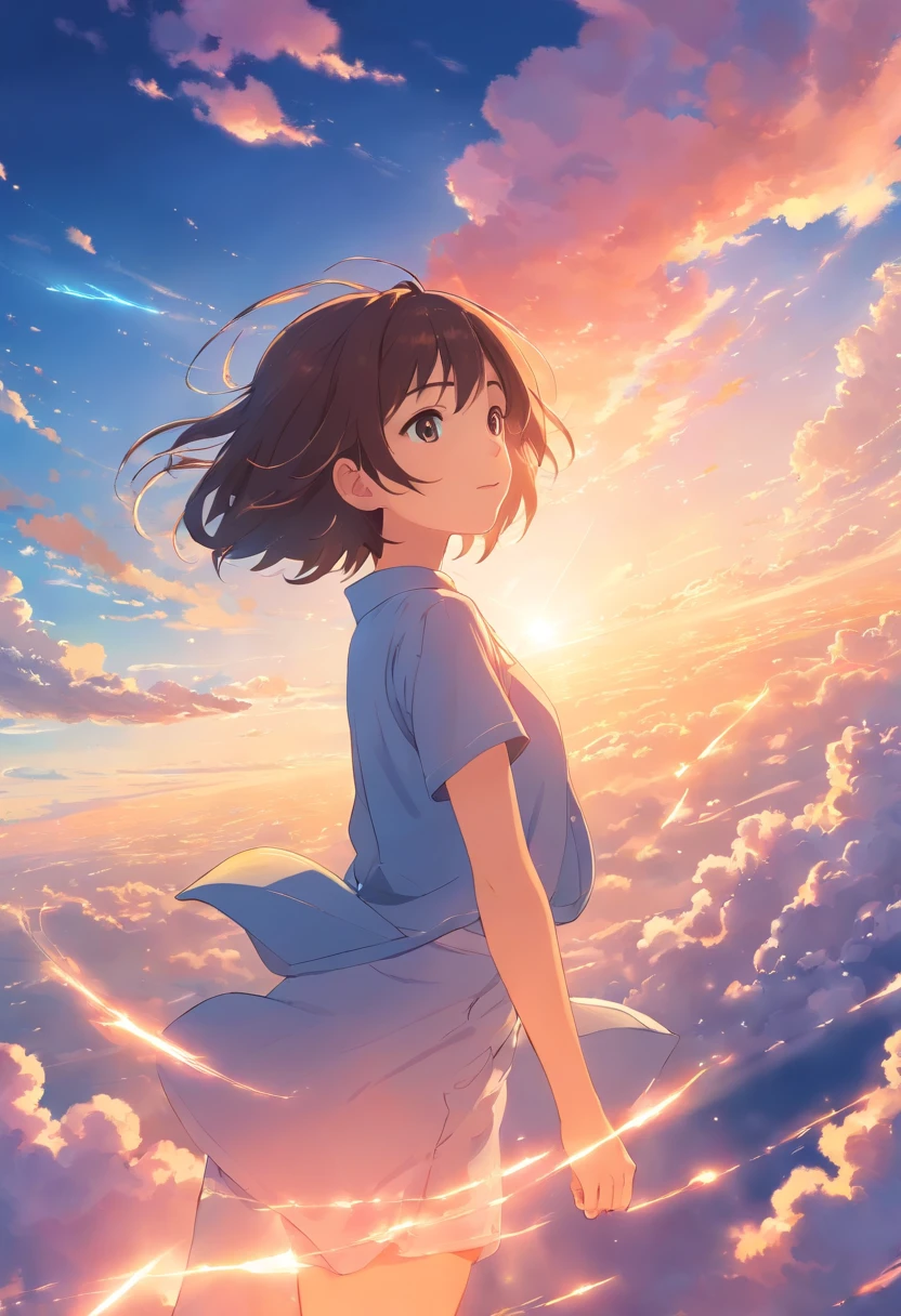 masterpiece, best quality, movie still, 1girl, cloud girl, floating in the sky, close-up, bright, happy, warm soft lighting, sunset, (sparks:0.7)