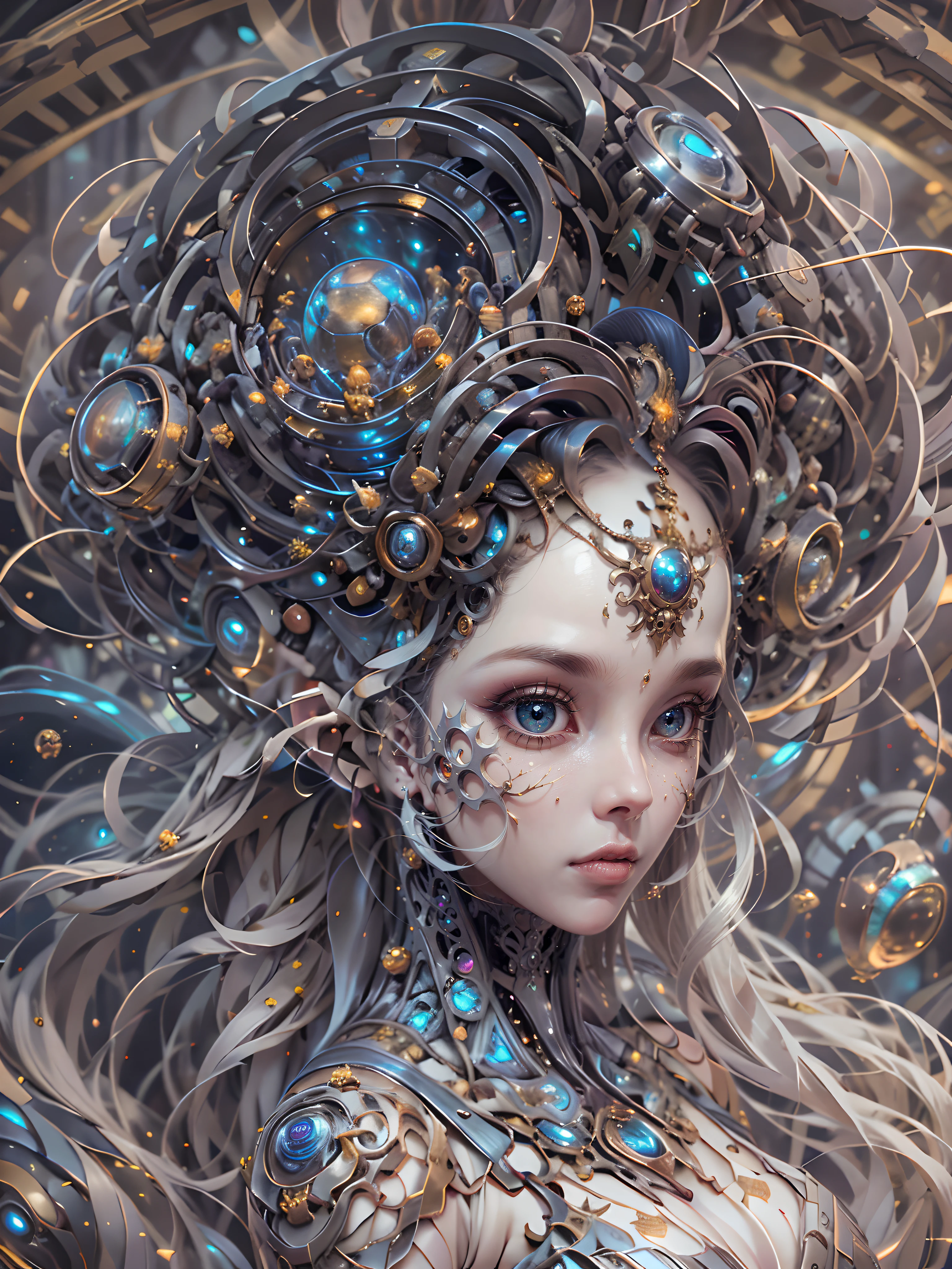 （best qualtiy，ultra - detailed，Most Best Illustration，Best shadow，tmasterpiece，A high resolution，professionalartwork，famousartwork），Detailed eyes，beautidful eyes，closeup cleavage，up body, sci-fy，colored sclera，Robot eyes，face markings，Tattooed with，（fractalized，Fractal eyes），largeeyes，Wide eyes，（Eye focus），sface focus，Cosmic eyes，Space eyes，Close-up of metal sculpture of a woman with a nebula in her hair，goddes。extremly high detail，3 d goddess portrait，Extremely detailed footage of the goddess，a stunning portrait of a goddess，Side image of the goddess，portrait of a beautiful goddess，Full body close-up portrait of the goddess，hecate goddess，portrait of a norse nebula goddess，goddess of space and time