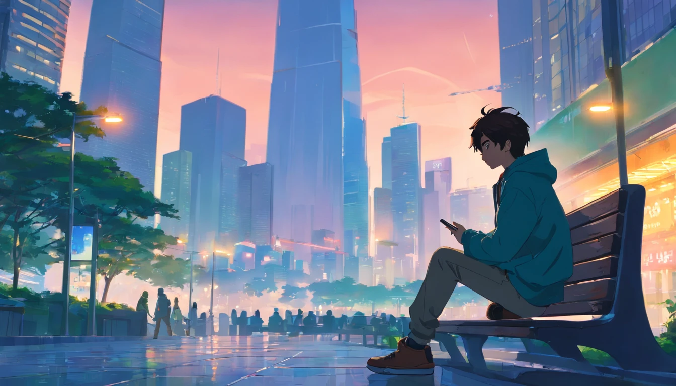 boy sitting on a bench at park, looking at his phone with one, sideways view, atmospheric, cyberpunk city with tall skyscrapers in the distance,