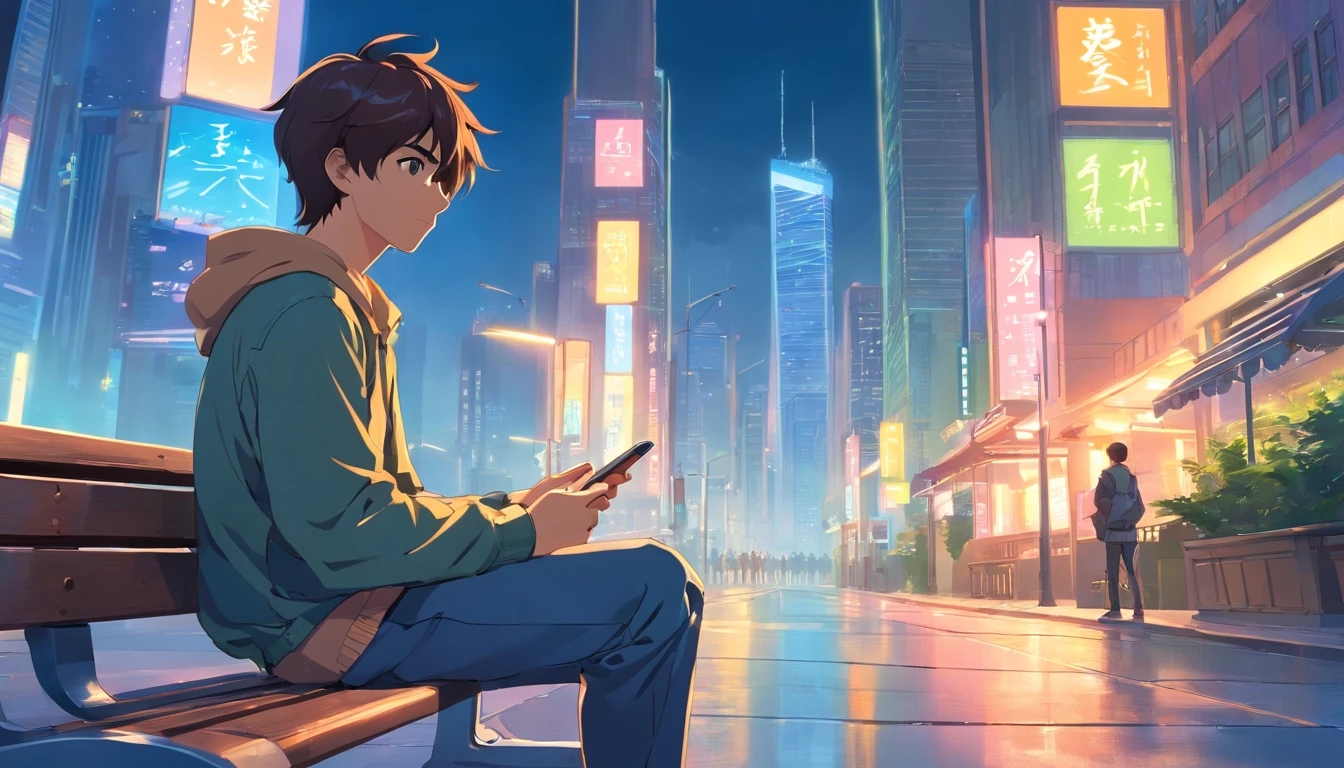 boy sitting on a bench at park, looking at his phone with one, sideways view, atmospheric, cyberpunk city with tall skyscrapers in the distance,