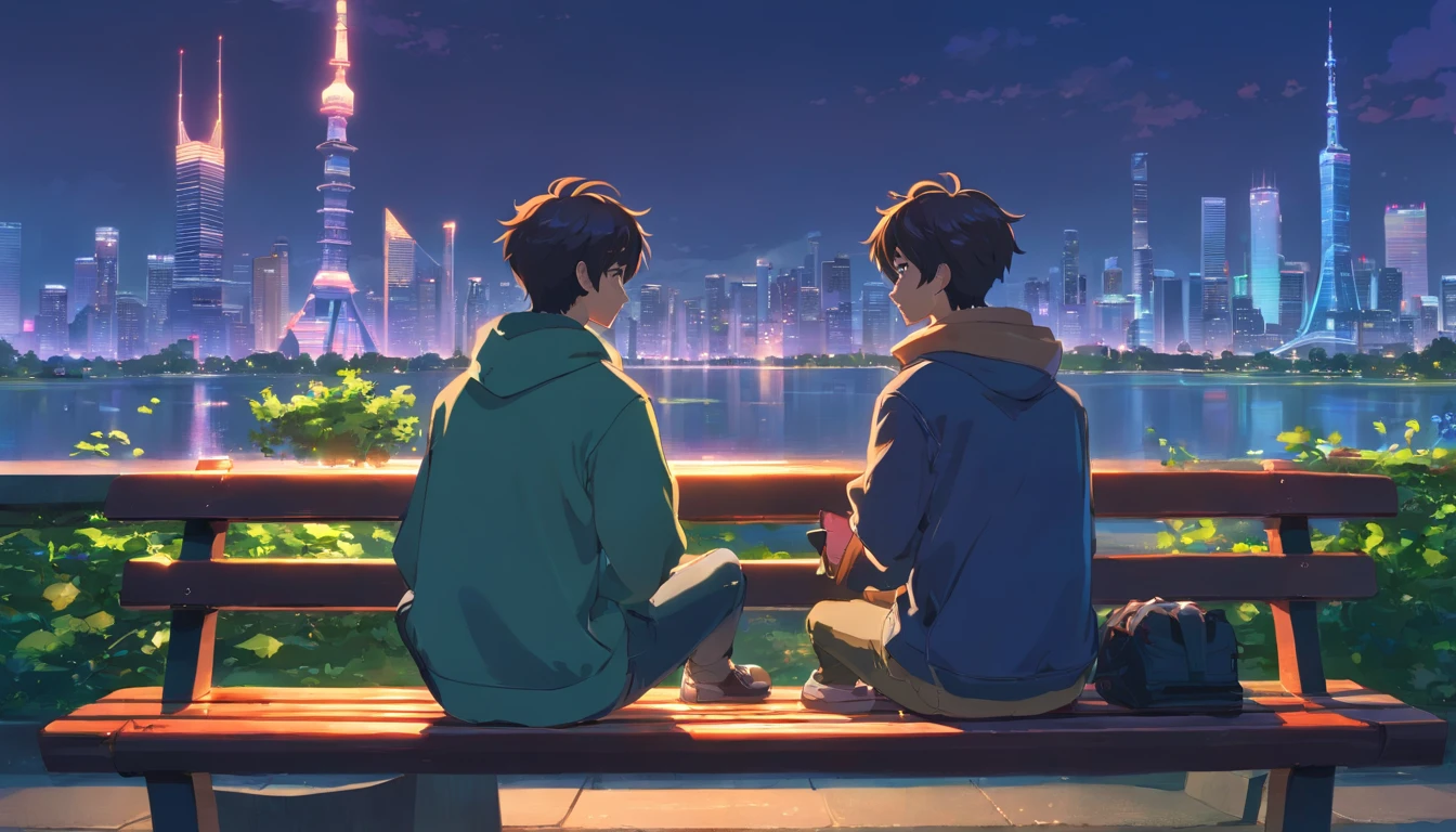 boy sitting on a bench at park, looking at his phone with one, sideways view, atmospheric, cyberpunk city with tall skyscrapers in the distance,