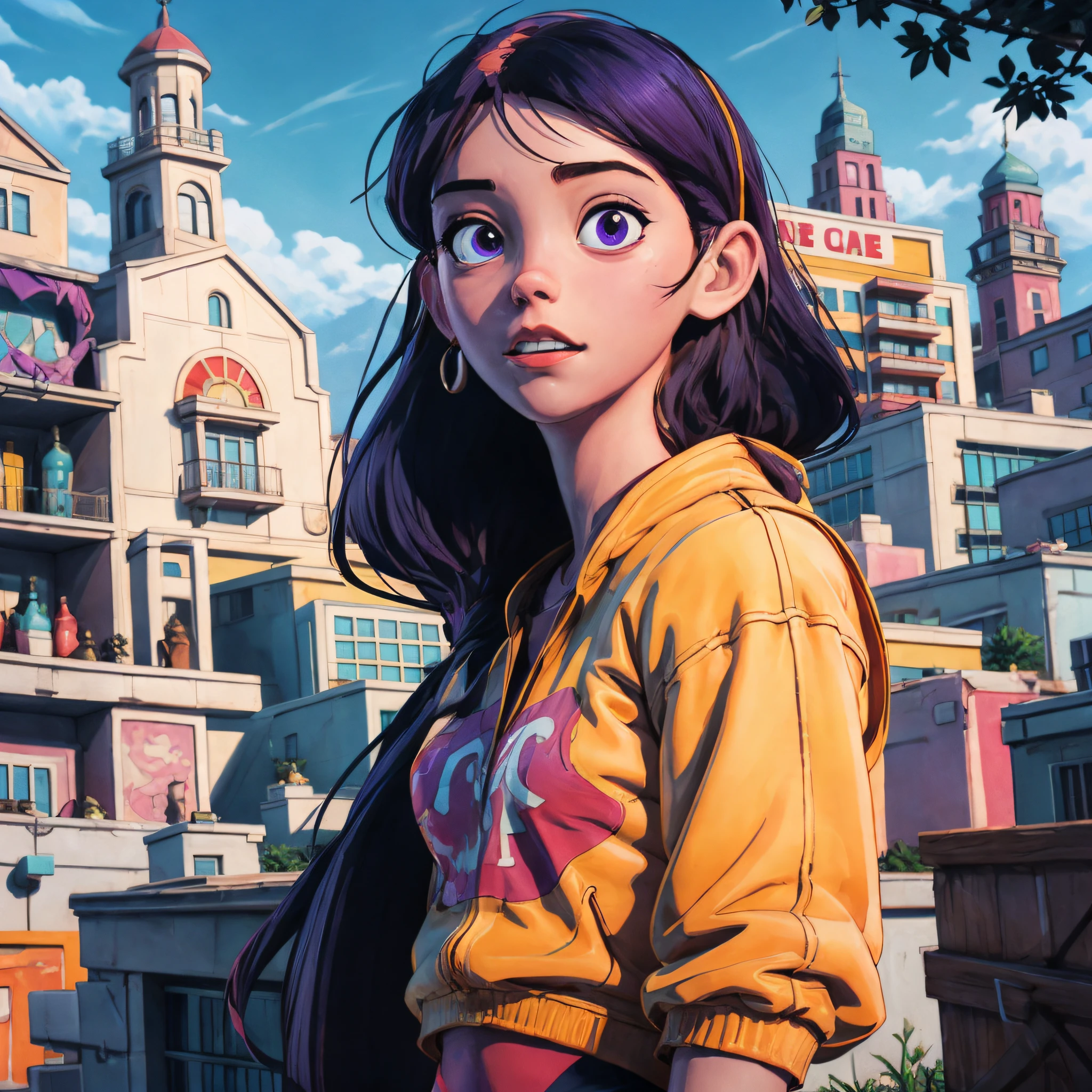 Anime girl with purple hair and a yellow jacket in front of a building, baixo detalhamento. pintura digital, fanart ****** urbana, pintura digital altamente detalhada, pintura digital detalhada, arte de fantasia urbana estilizada, pintura digital altamente detalhada, Estilo anime 3D realista, arte oficial altamente detalhada, pintura digital dos desenhos animados, Arte digital detalhada em 4k, Digital anime illustration, violet parr,violet-parr