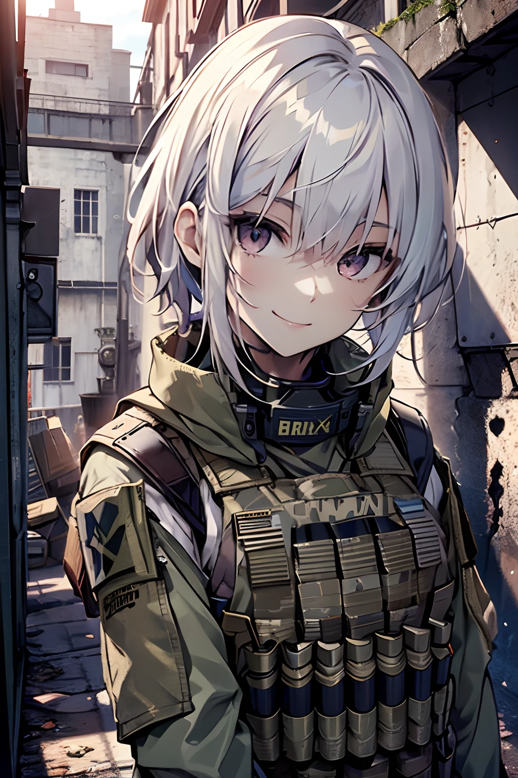 (( best quality, masterpiece, )) white hair, crimson eyes, pale skin, short hair, tomboy, smile, albino, military uniform, kevlar vest