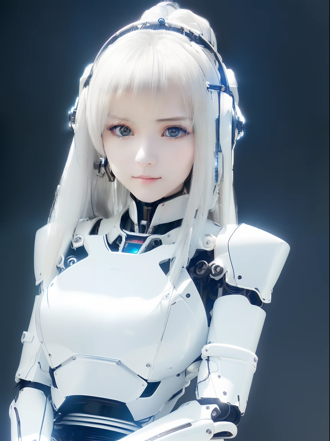 ((masutepiece)), ((top-quality), high quarity、ultra-definition, Realistic, fulcolor 、One beautiful robot woman、Joints of machines、Frame of the machine、Thick wire joints、White porcelain mechanical armor、(Curvaceous face)、deadpan、((Electronic substrate))、Straight hair、Wide Shot、Get on your knees、head gear、(Manteau blanc:1.1)