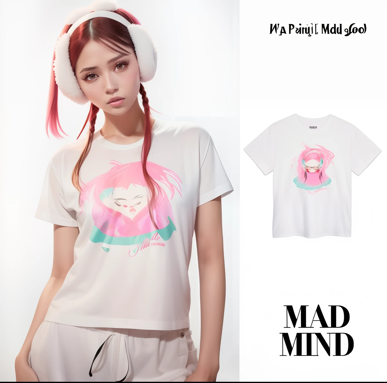 a woman wearing a white shirt with a pink flaming on it, inspired by Maud Naftel, mad, official product image, crying fashion model, nicki minaj, masuimi max, madotsuki, inspired by Vadym Meller, (((mad))) elf princess, soft mood, graphic tees, cold mood, lalisa manobal, midriff