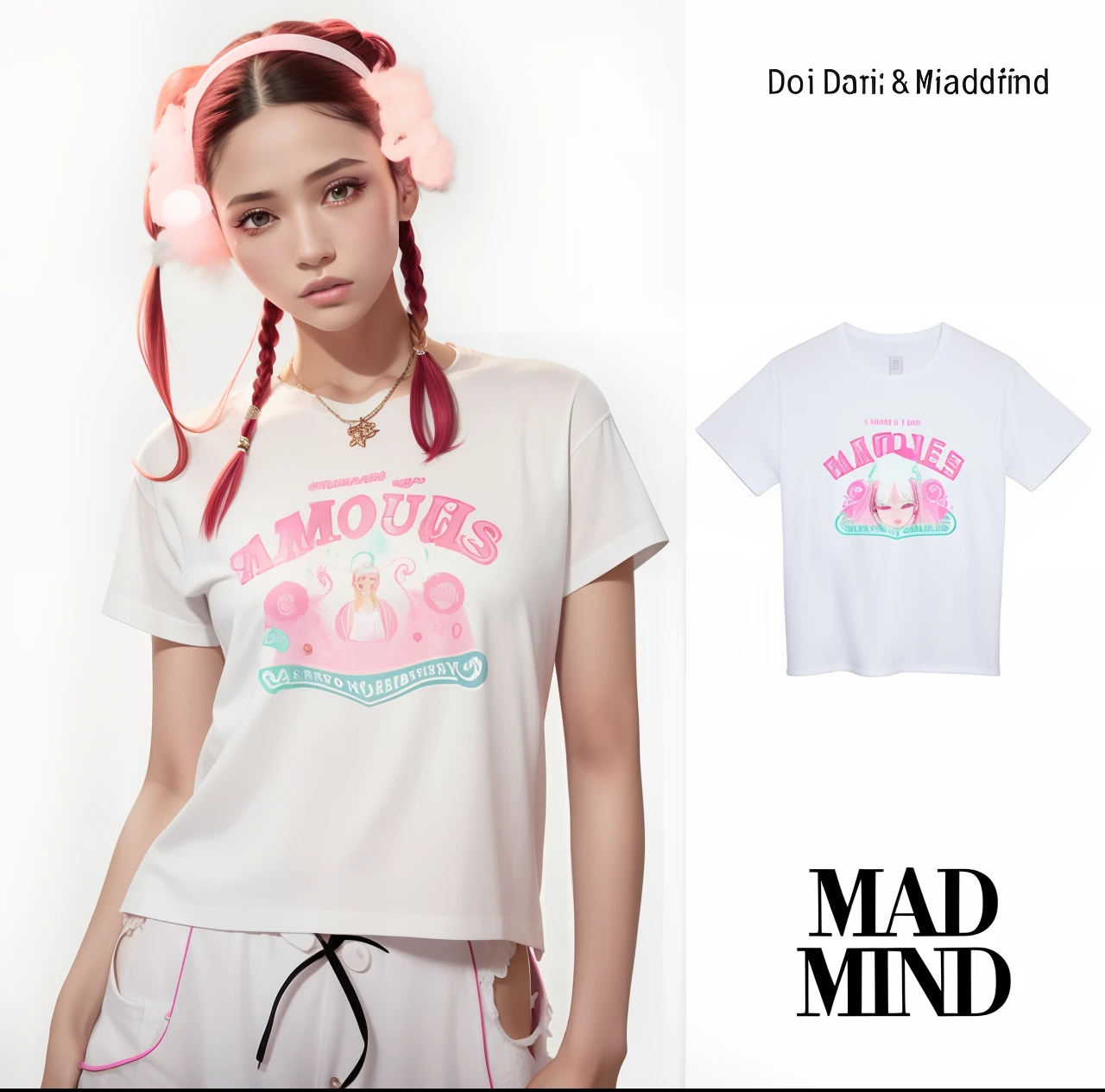 Cute 3D character, brown skin woman in a white cropped t - shirt and a pink purse, y2k style, thick body, thick hips, black long straight hair , wearing a sexy cropped tops, diamond grillz on teeth, pink hair band, black short skirt, doja cat, wearing a cropped top, belly button showing, rapper, graphic tees shirt, Angry face