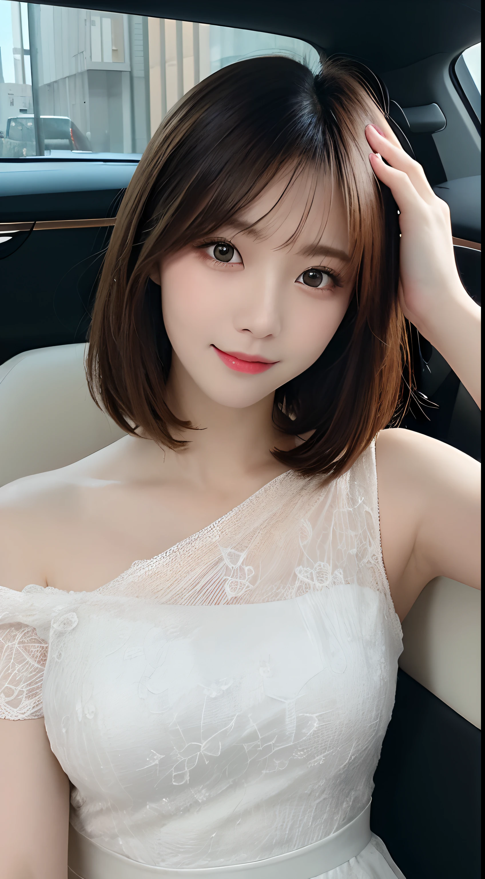 masutepiece, Best Quality, Illustration, Ultra-detailed, finely detail, hight resolution, 8K Wallpaper, Perfect dynamic composition, Beautiful detailed eyes, Women's Fashion,Shorthair,Small breasts natural color lip, Bold sexy poses,Smile,luxury car、20 years girl、Cute、Sexy shot looking at camera