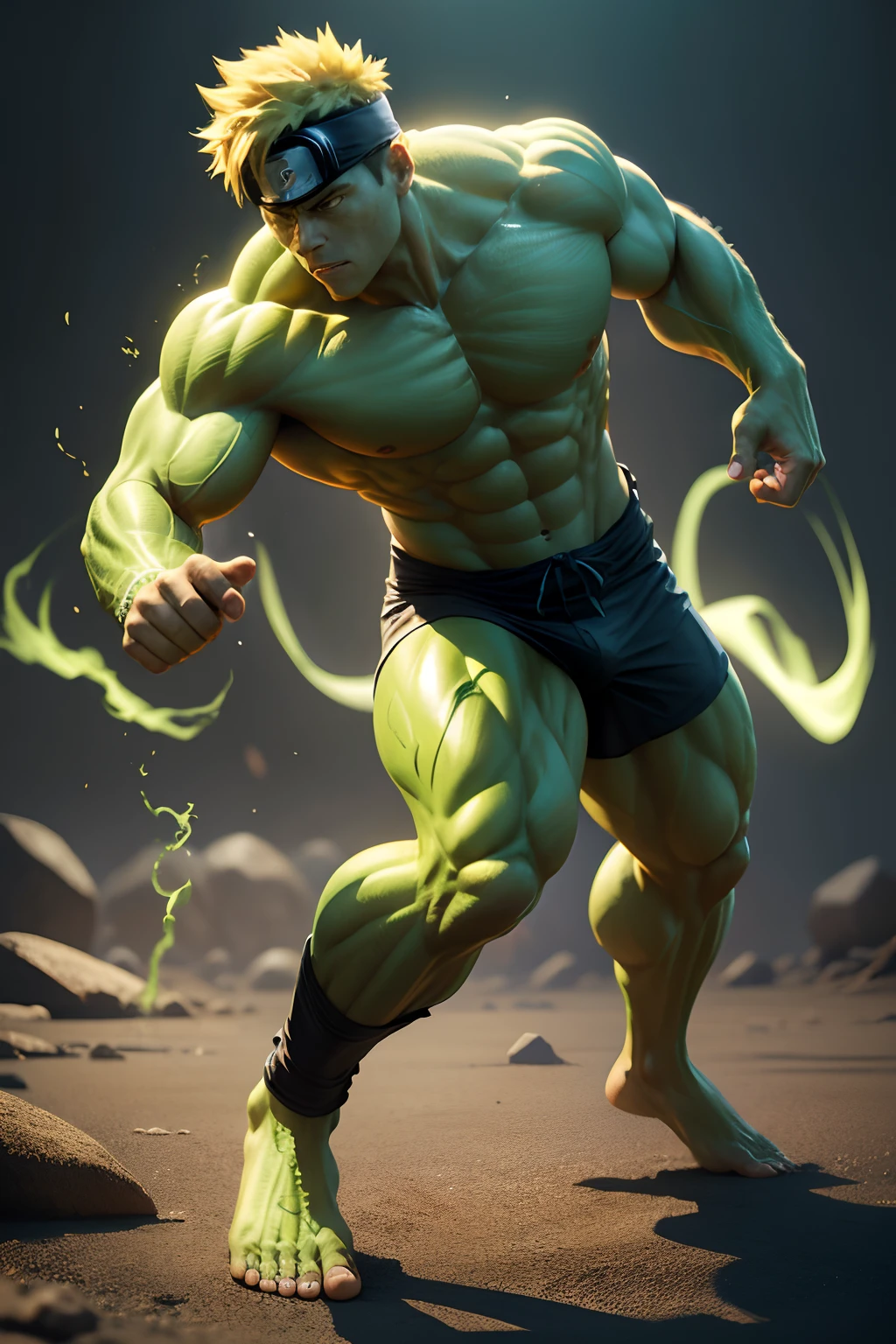 uzumaki naruto as hulk, full body, solo, male, realistic, detailed, perfect lighting, perfect shadow, perfect body, perfect picture, Super High Resolution, (Realism: 1.4), Original Photo, Best Quality, Masterpiece, Cinematic Experience