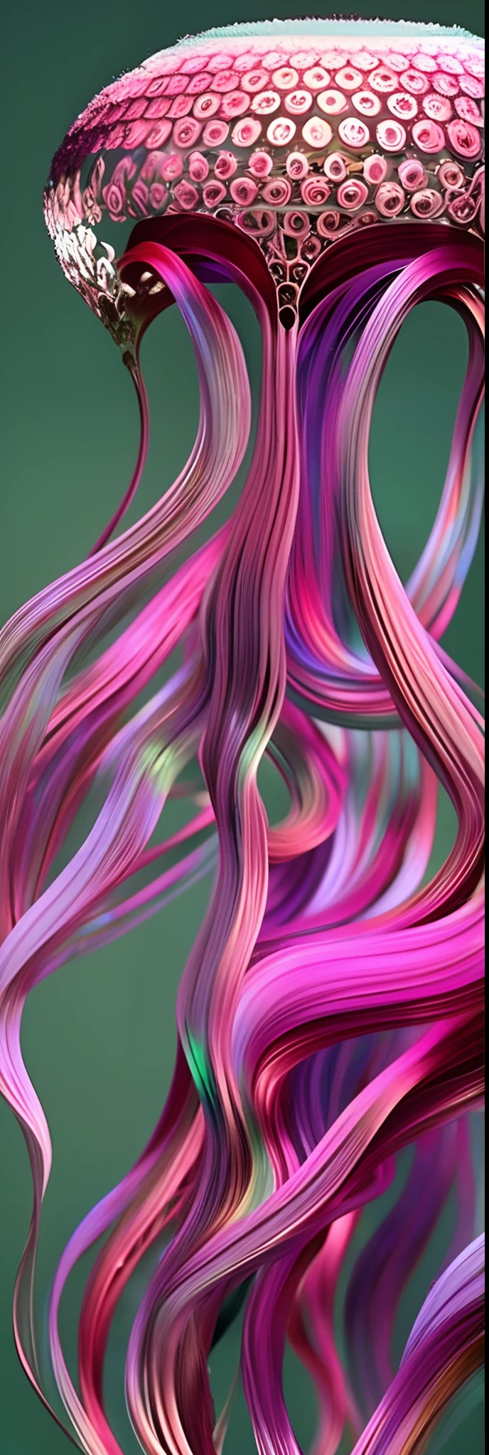 Imagine a 3D representation of an Amoeba alien's body, reminiscent of a humanoid jellyfish, composed of a pliant, rosy-hued protoplasm. The form should be gracefully aquatic, with delicate, flowing tendrils and a gentle inner radiance, creating a sense of serenity and wonder, 3D artwork, employing a combination of translucent materials and digital sculpting techniques