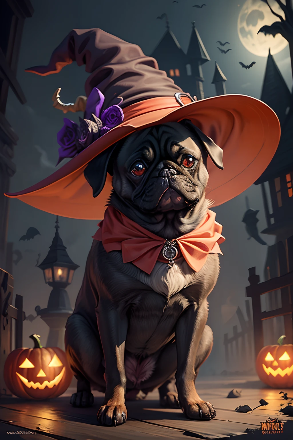 pug dog, Halloween witches hat, fantasy, digital art
