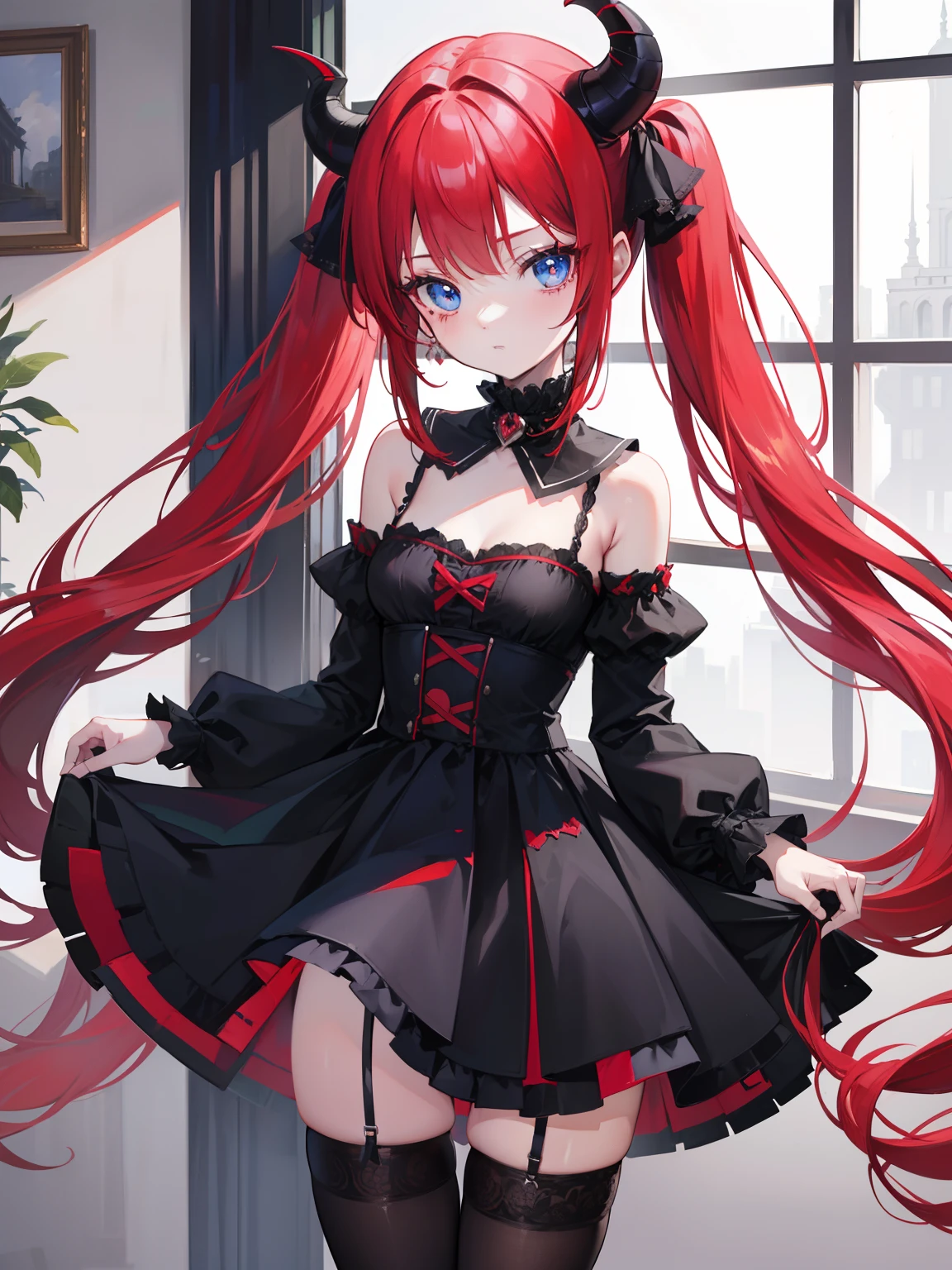 anime style, 1kid, elf, small, 11 years old, long hair, dark red hair, long locks, red eyes, vertical slit pupils, tight black gothic dress with lace, black ribbon on hair, two long twintails, miniskirt, black tights with lace, long black gloves, garter belt, evil smile, sharp teeth, cleavage, flat chest, bare shoulders, very thick thighs, medieval city, cowboy shot, sexy, seductive, from below, black panties, ???, ??? small kid,